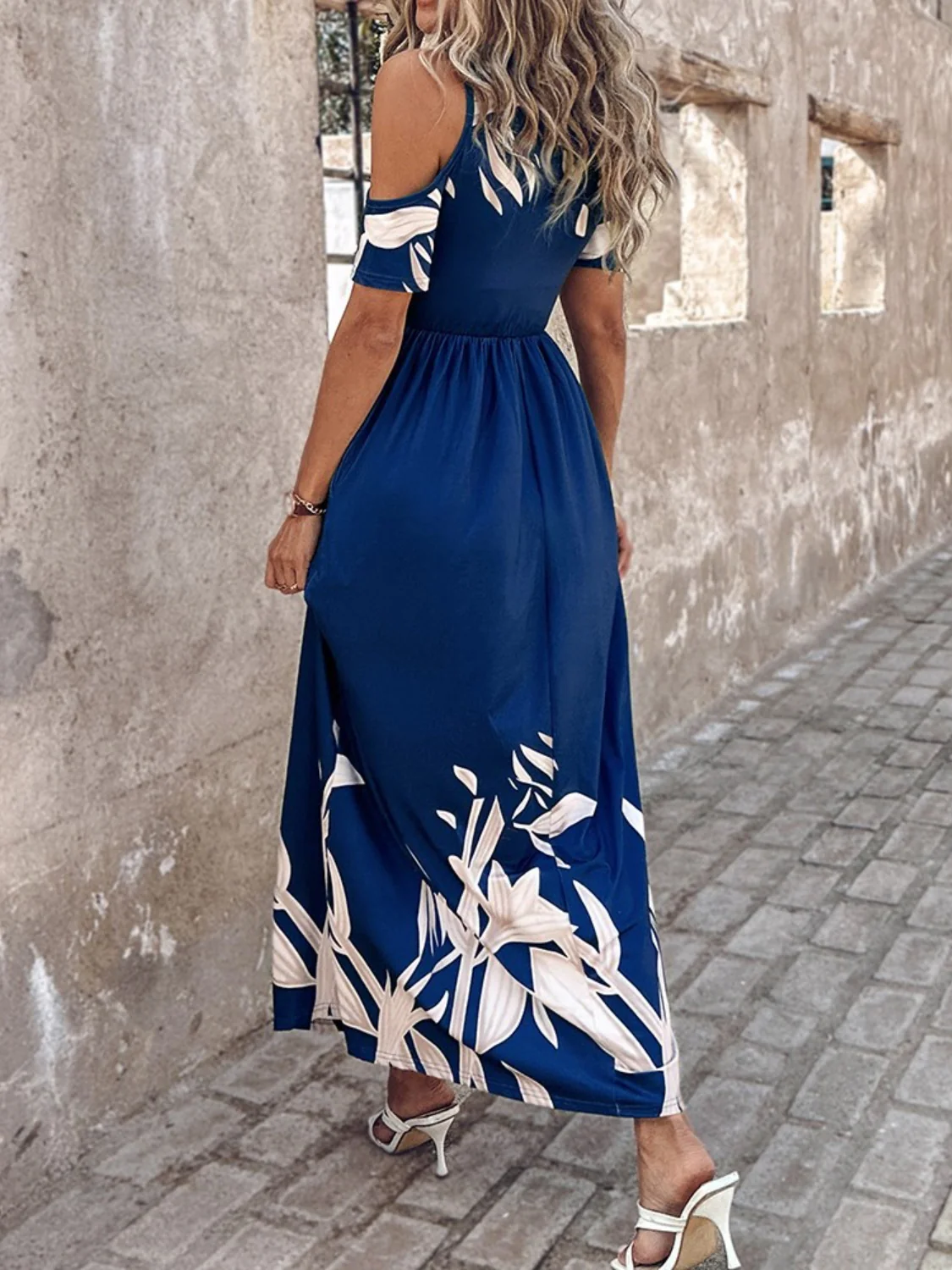 Printed Cold Shoulder Short Sleeve Maxi Dress - Image 2