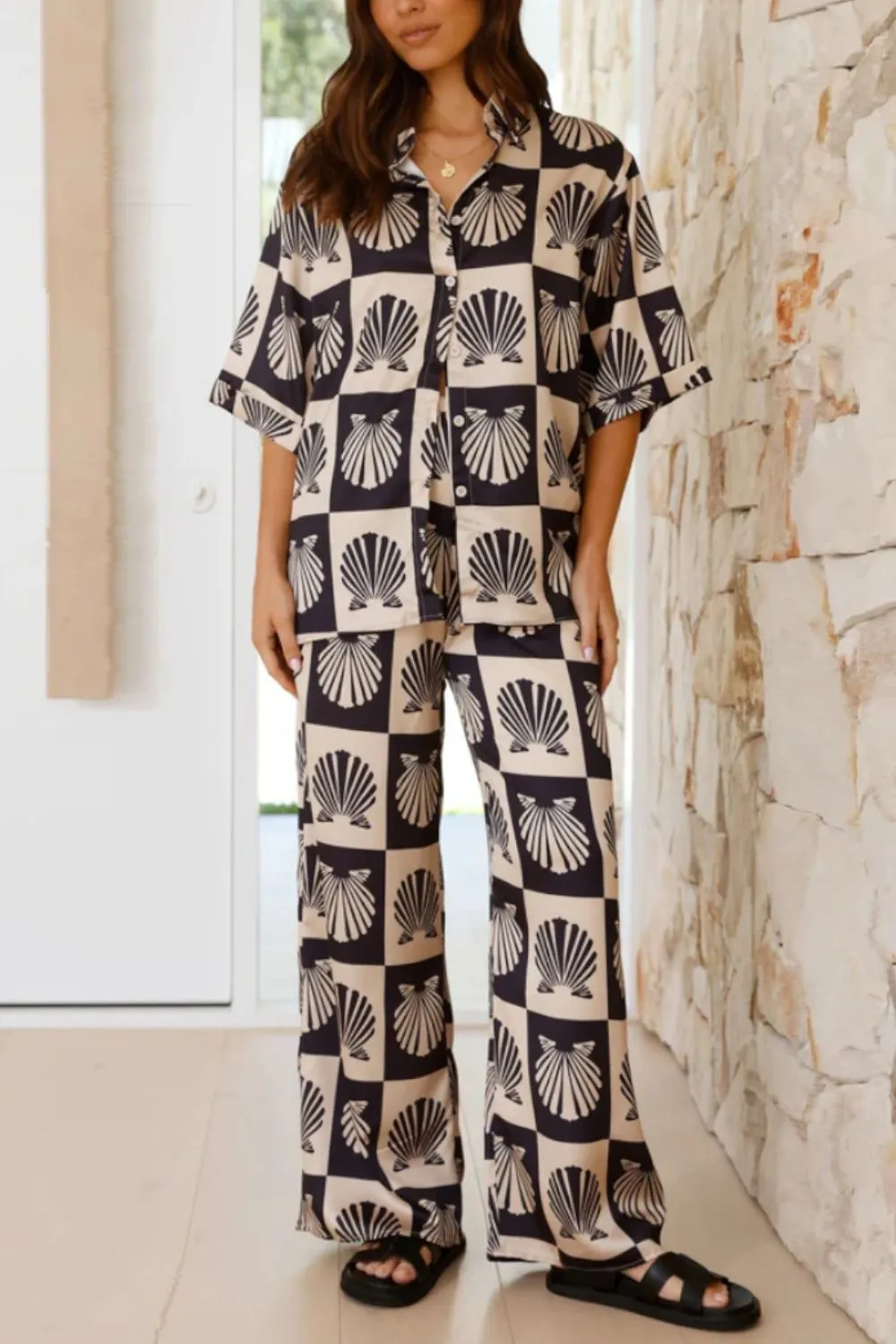 Printed Collared Neck Top and Wide Leg Pants Set - Image 10