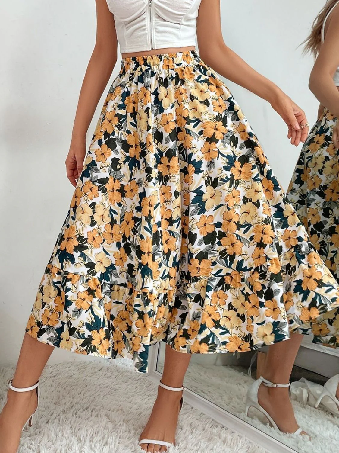 Printed Elastic Waist Midi Skirt - Image 6
