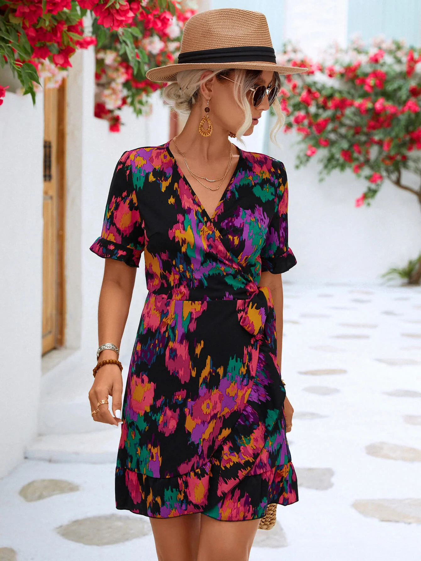 Printed Flounce Sleeve Tied Dress - Image 5