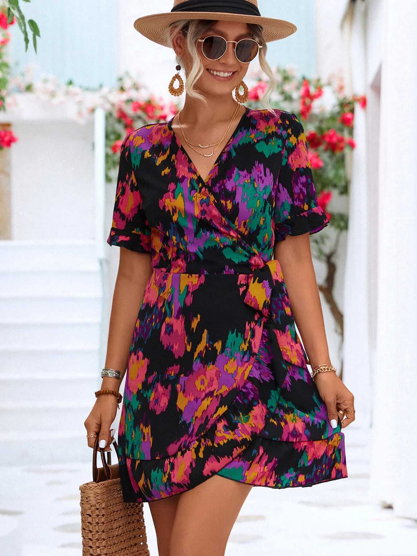 Printed Flounce Sleeve Tied Dress - Image 7