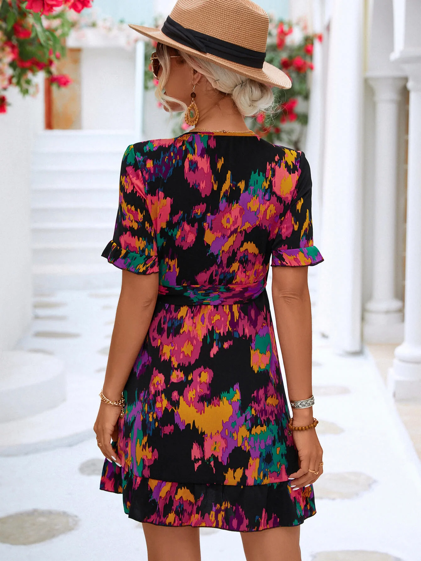 Printed Flounce Sleeve Tied Dress - Image 8