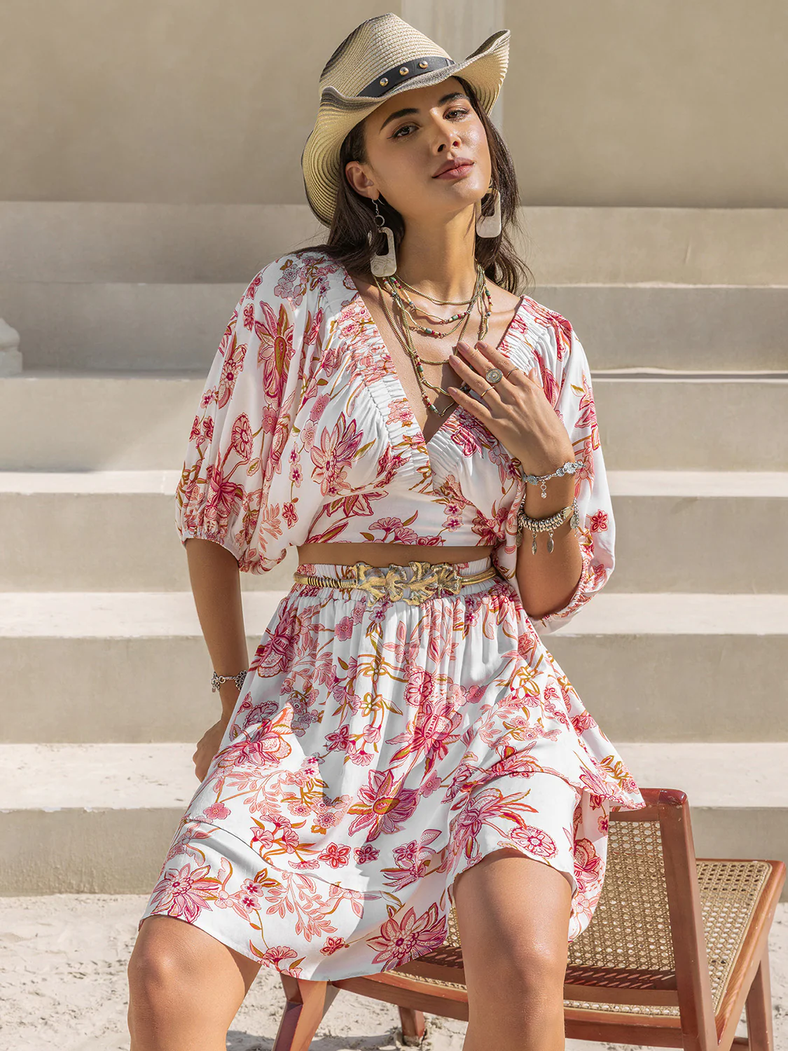 Printed Half Sleeve Top and Layered Skirt Set - Image 3
