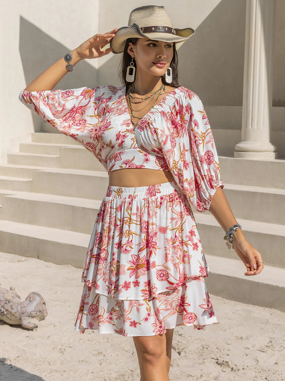 Printed Half Sleeve Top and Layered Skirt Set - Image 4