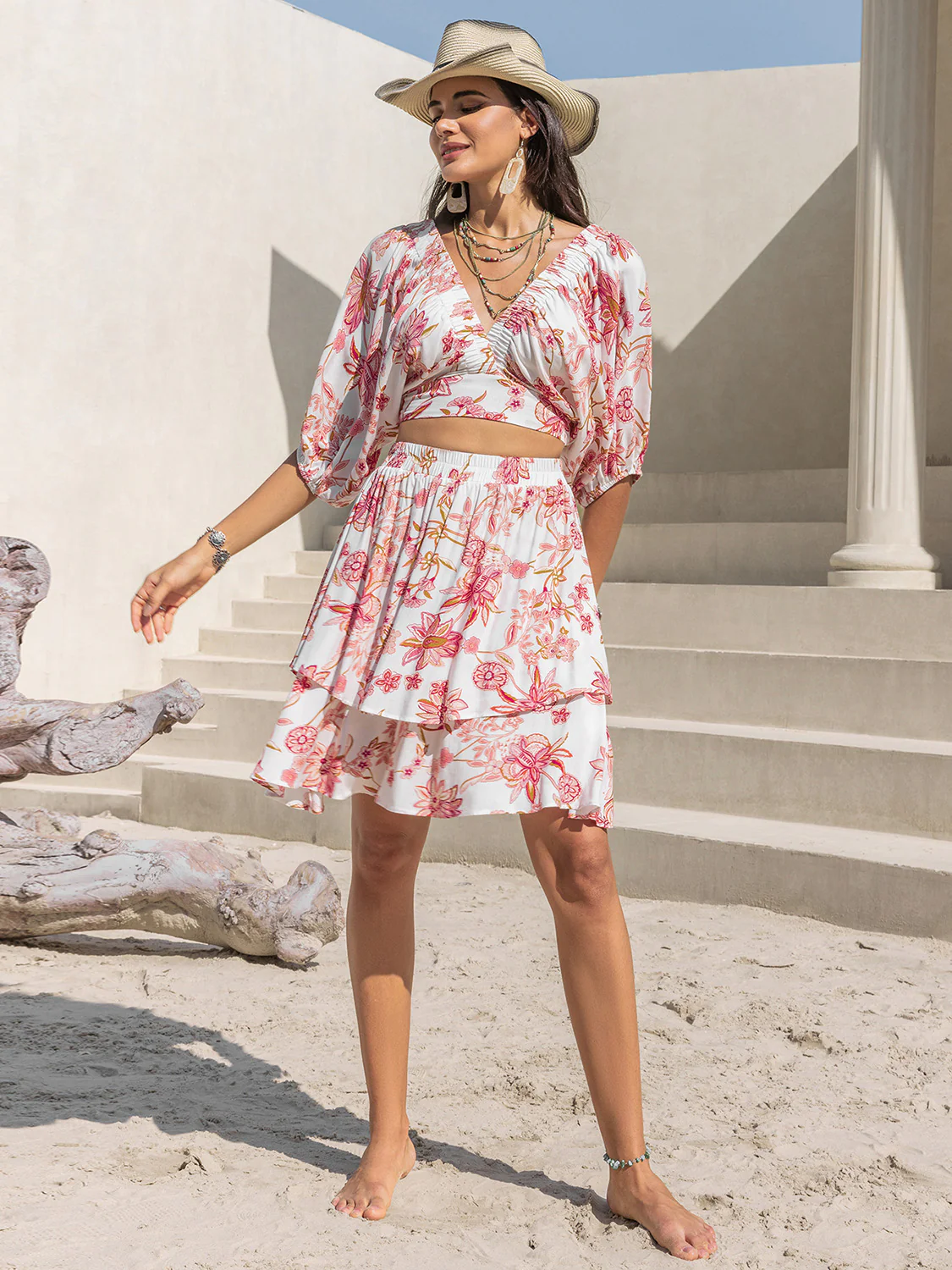 Printed Half Sleeve Top and Layered Skirt Set - Image 7