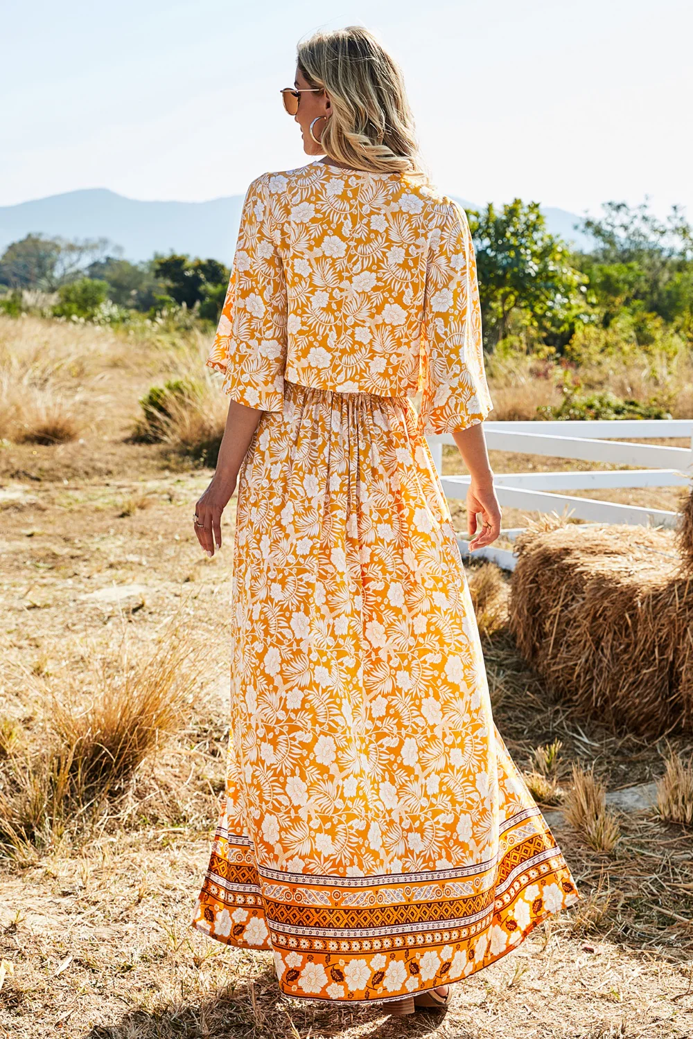 Printed Half Sleeve Top and Slit Skirt Set - Image 2