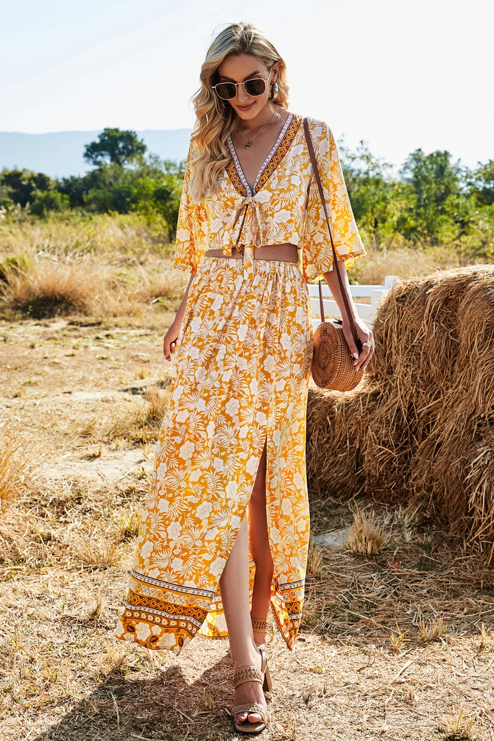 Printed Half Sleeve Top and Slit Skirt Set - Image 3