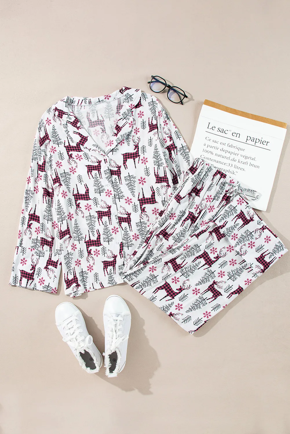 Printed Long Sleeve Top and Drawstring Pants Lounge Set - Image 2
