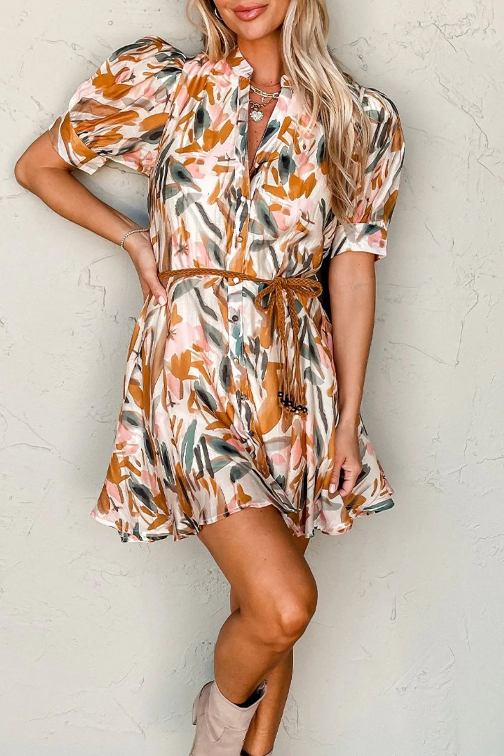 Printed Notched Short Sleeve Mini Dress - Image 4