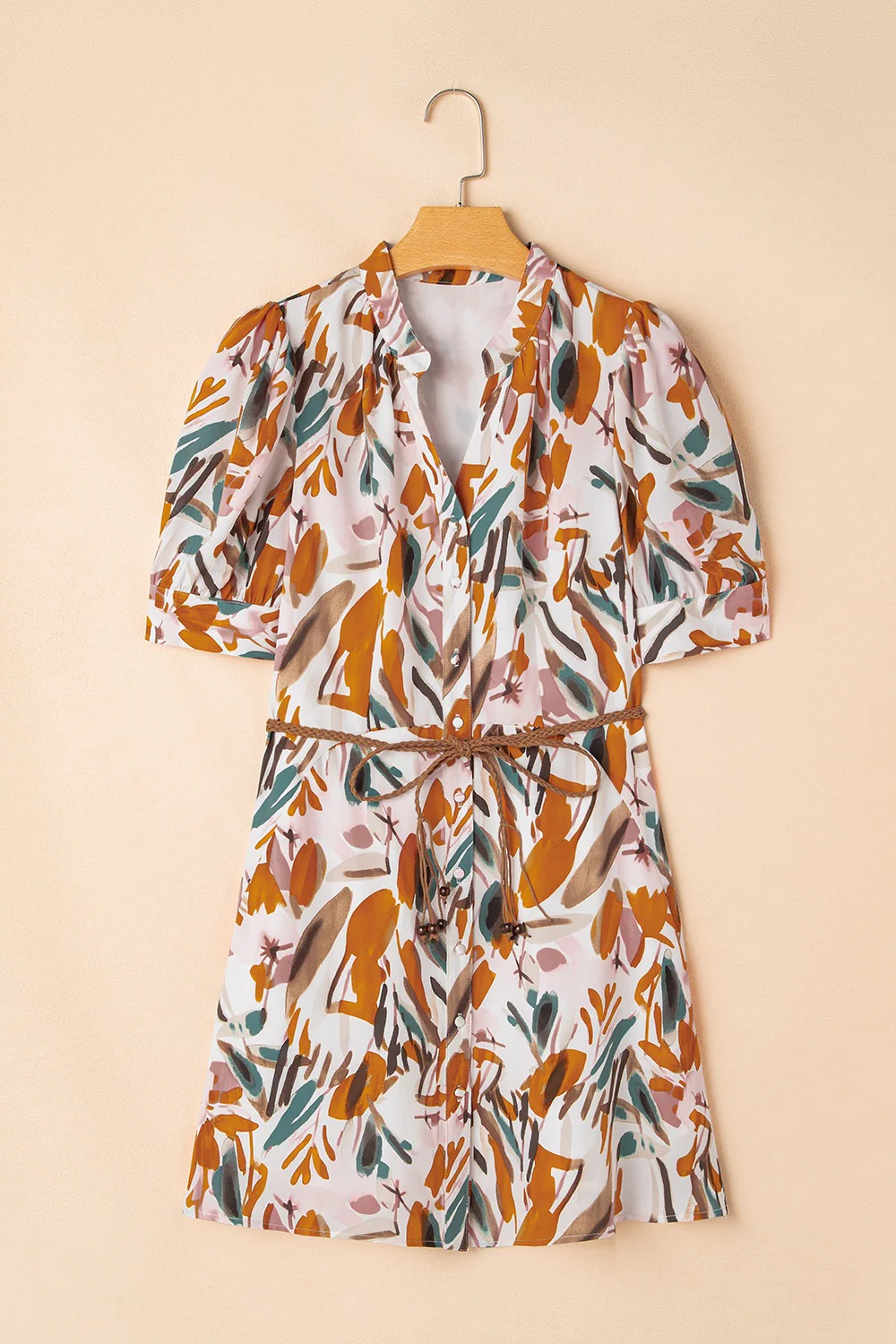 Printed Notched Short Sleeve Mini Dress - Image 7