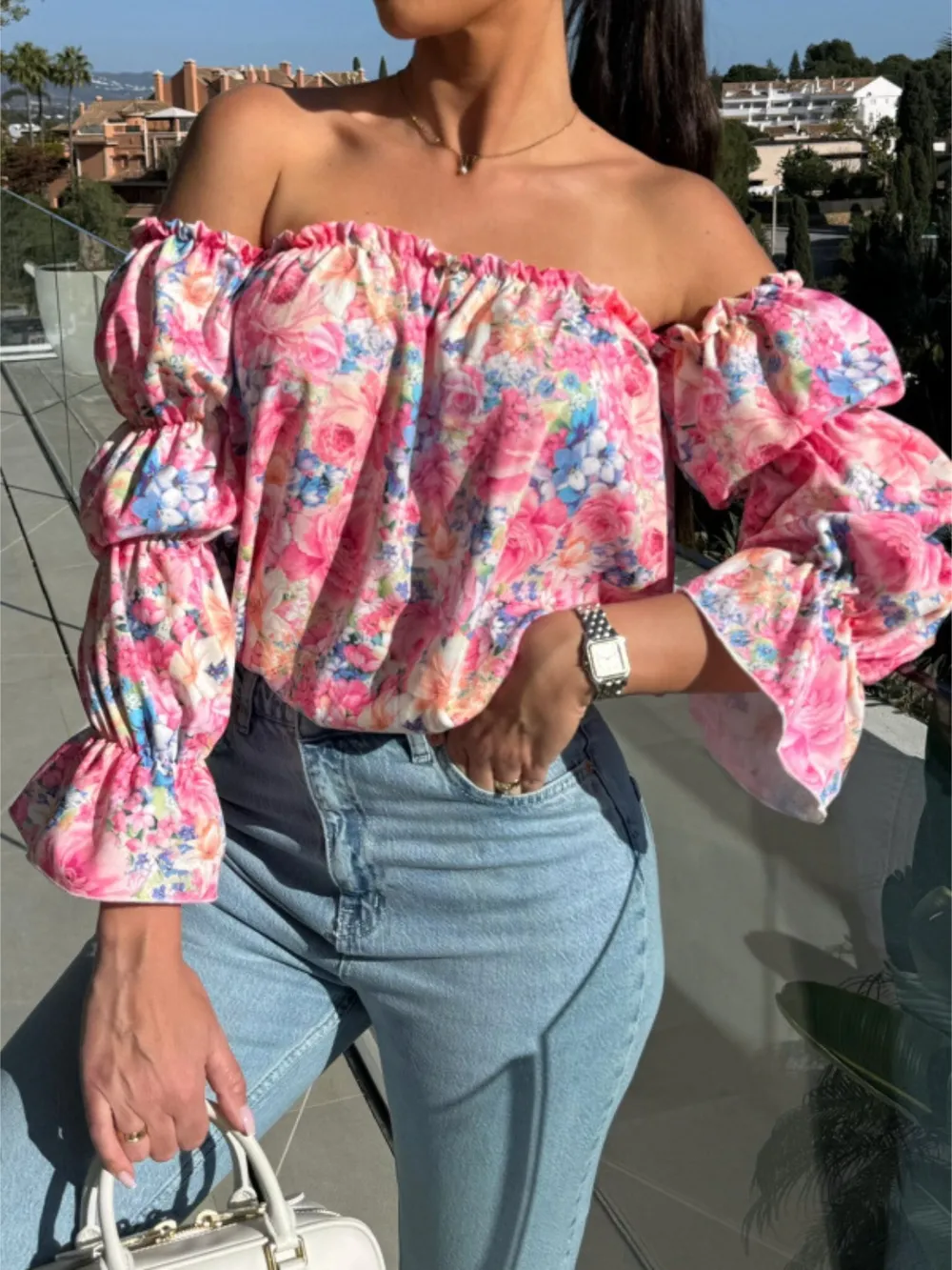Printed Off-Shoulder Flounce Sleeve Blouse - Image 3