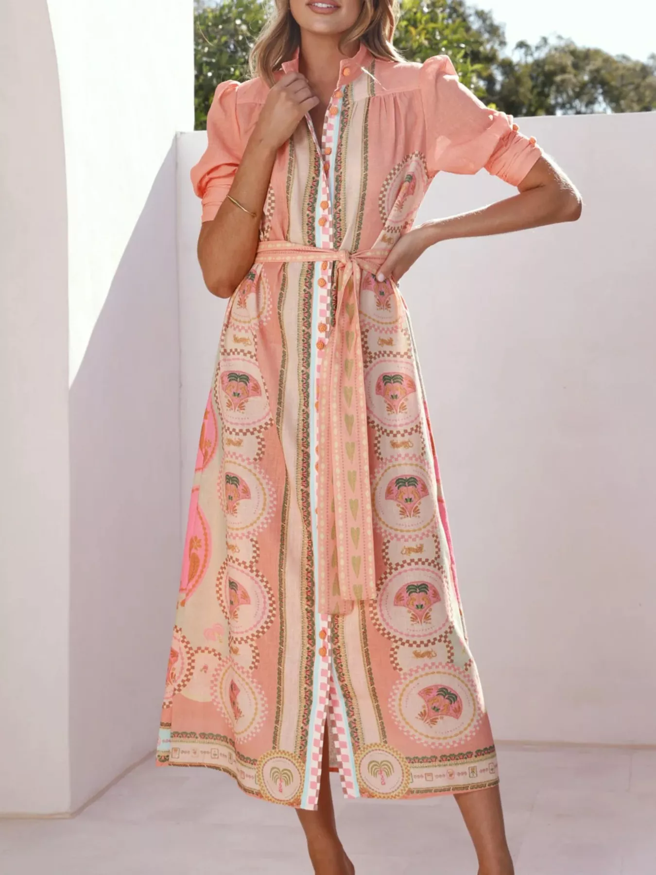 Printed Puff Sleeve Tie Waist Midi Dress - Image 9