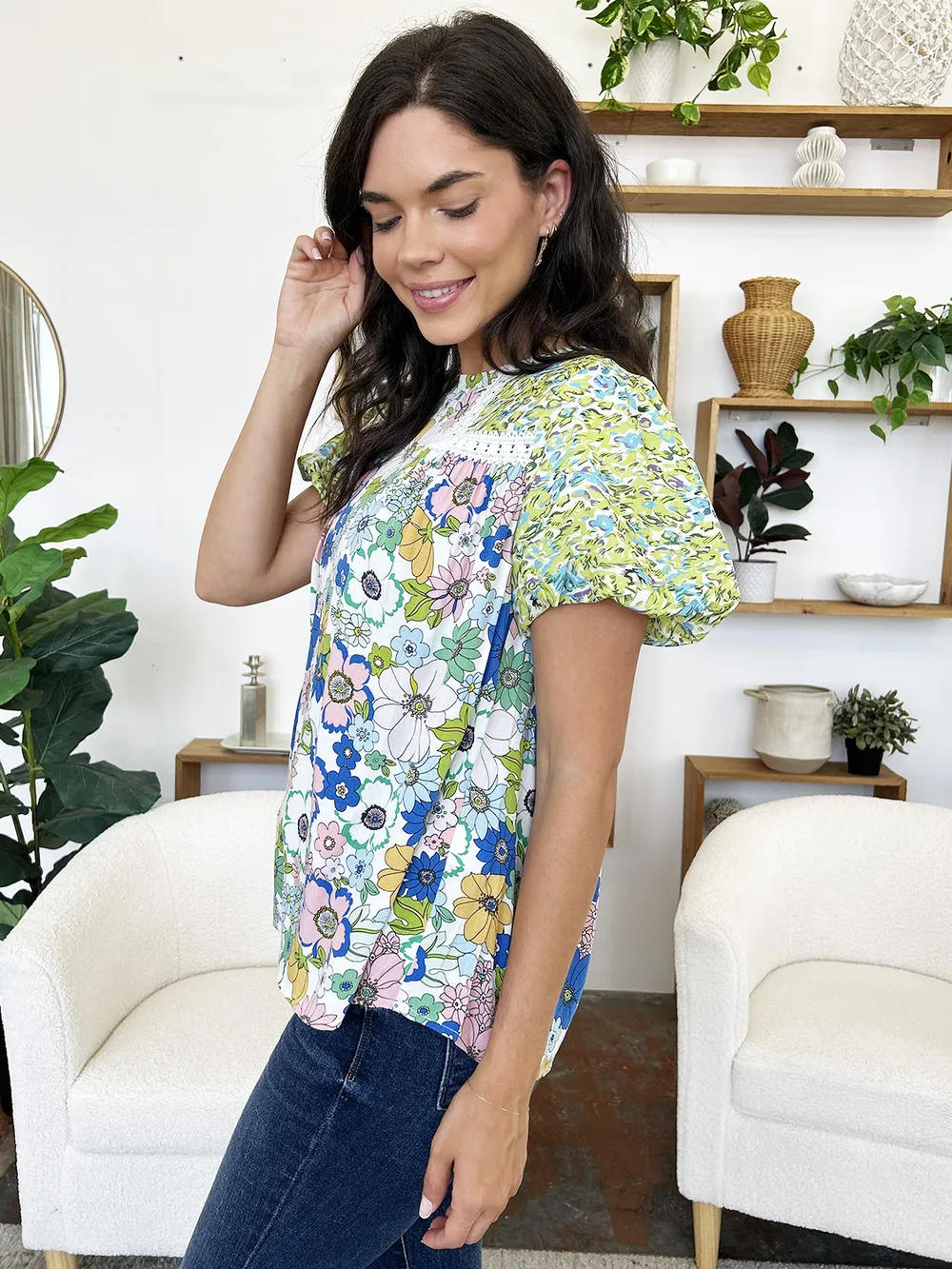 Printed Round Neck Puff Sleeve Blouse - Image 3