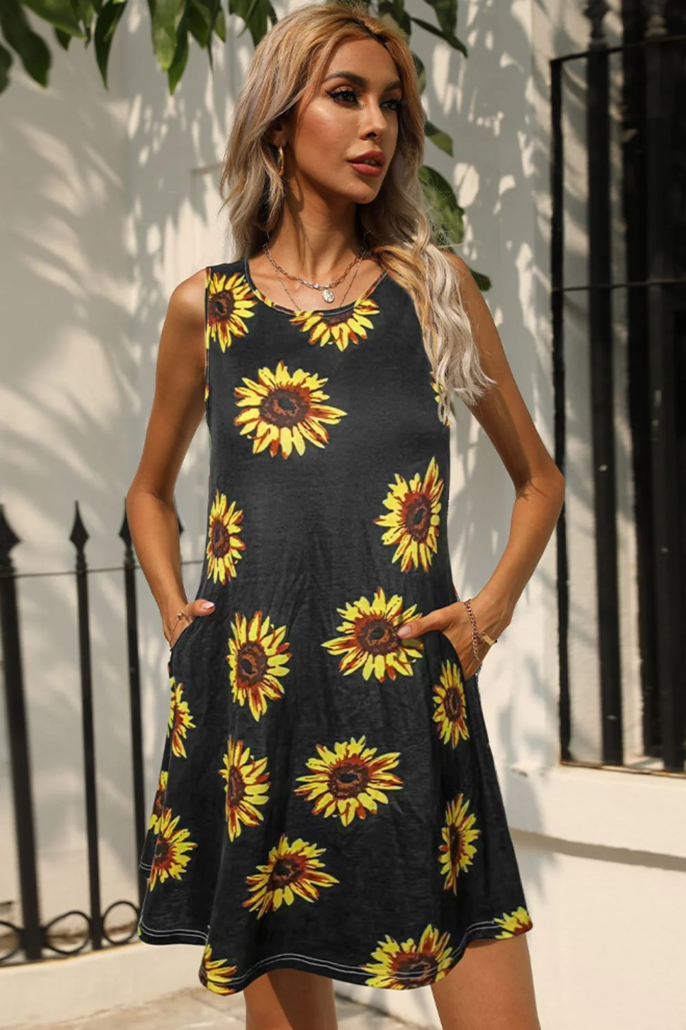 Printed Round Neck Sleeveless Dress with Pockets - Image 23