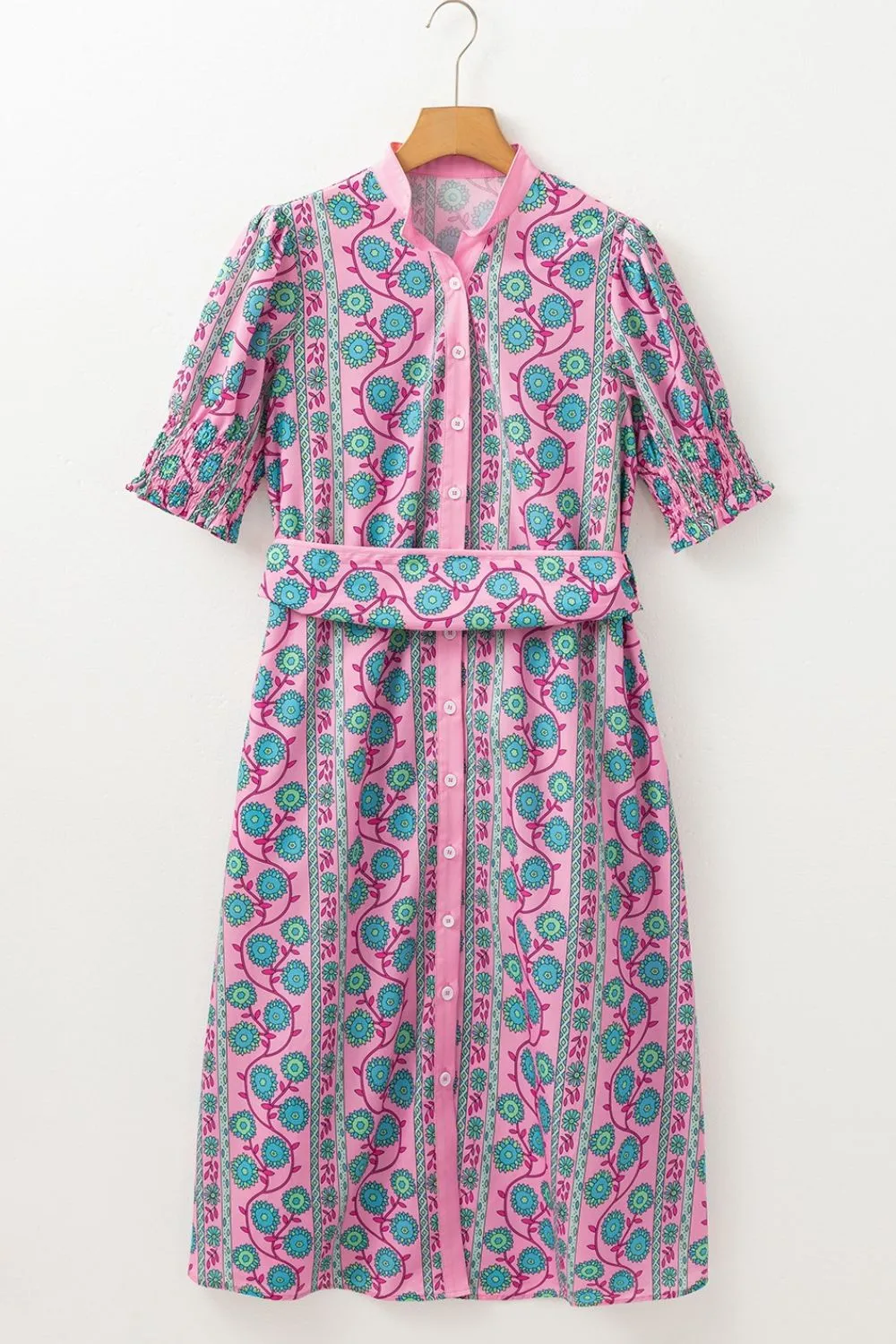Printed Shirred Sleeve Buttoned Front Midi Dress with Sash - Image 6