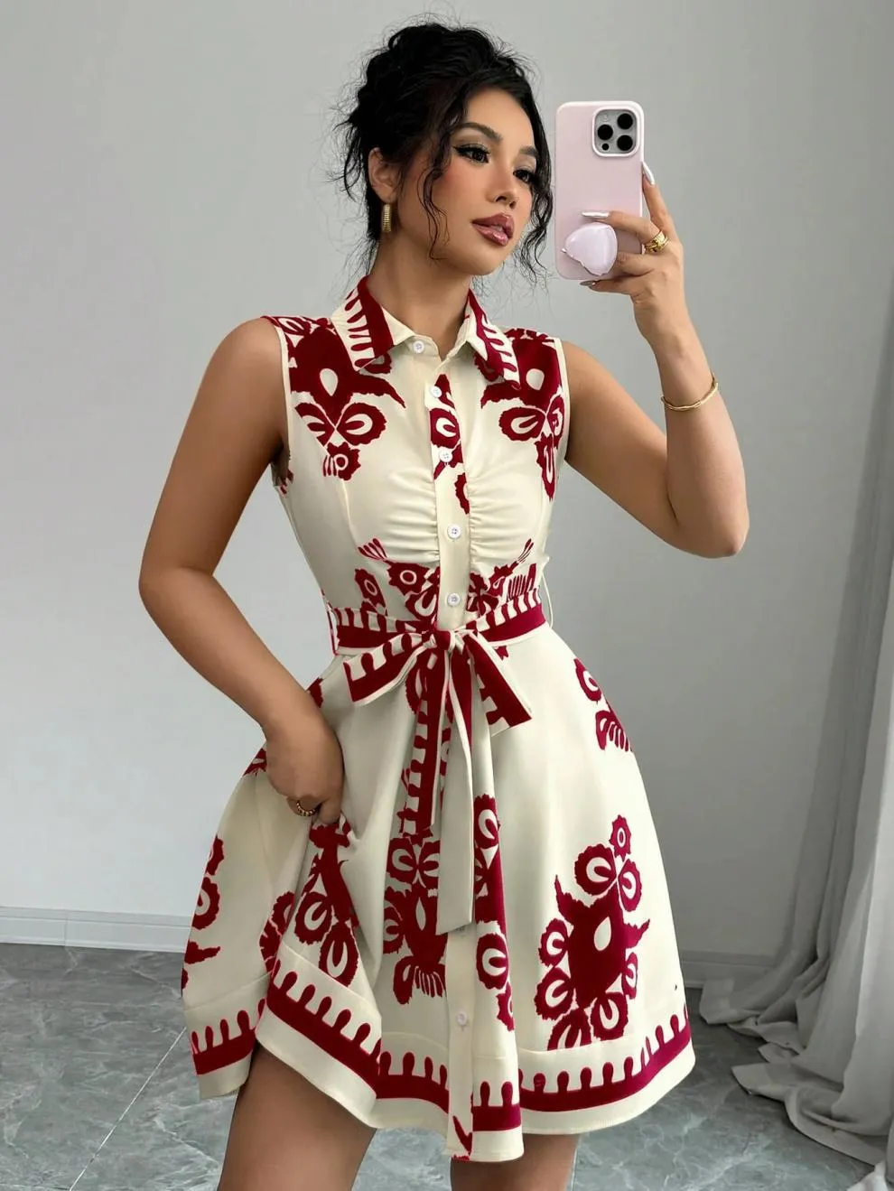 Printed Sleeveless Button Front Dress - Image 7