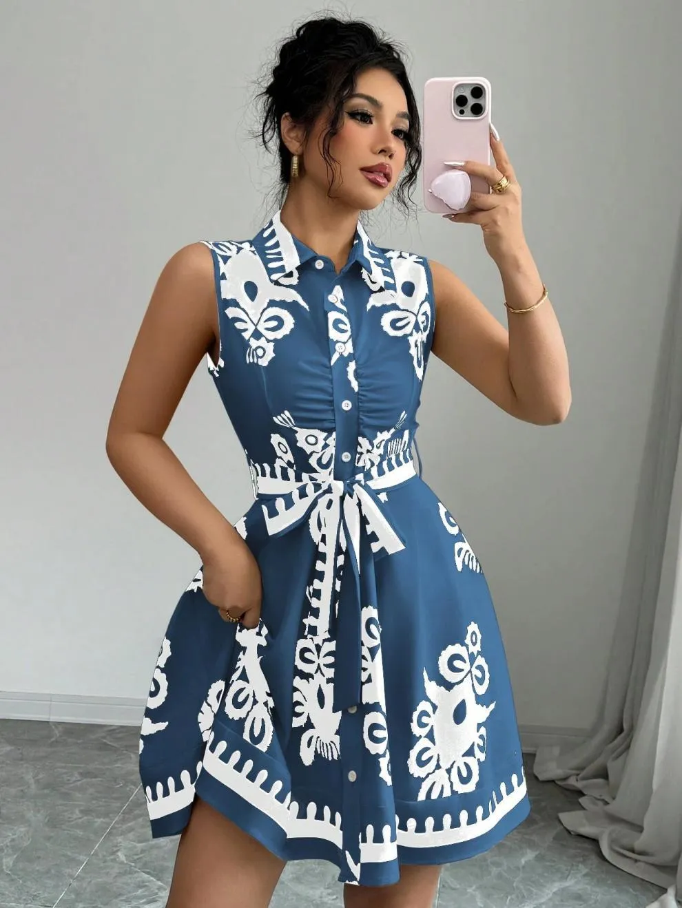 Printed Sleeveless Button Front Dress - Image 9