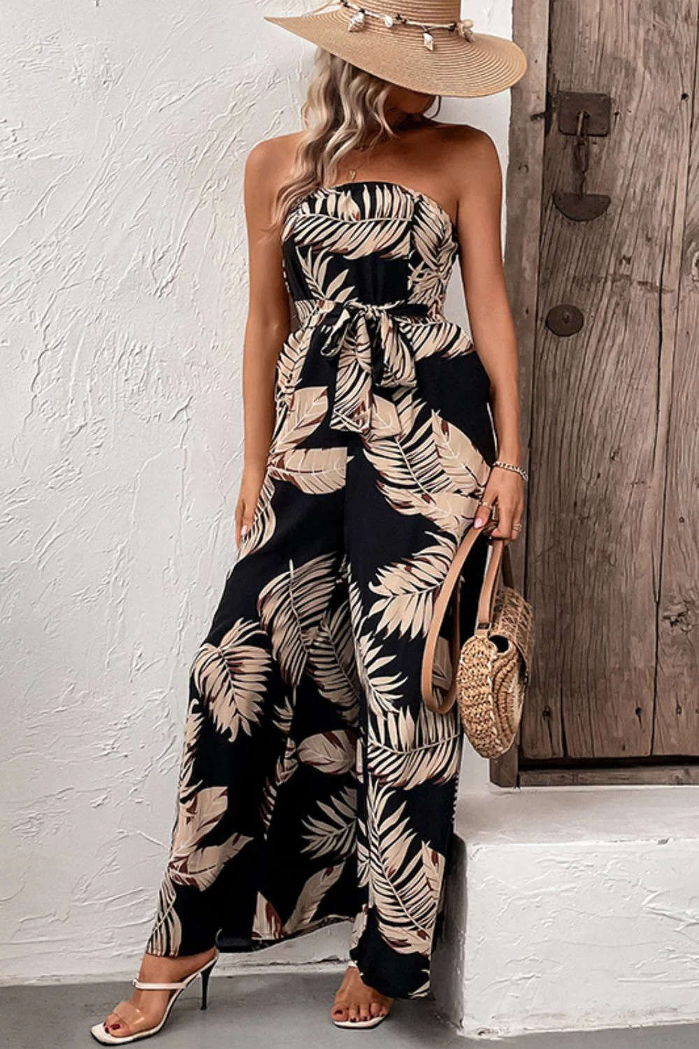 Printed Strapless Wide Leg Jumpsuit with Pockets - Image 4