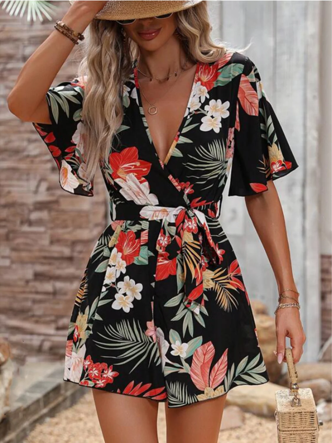 Printed Surplice Half Sleeve Tie Waist Romper - Image 4