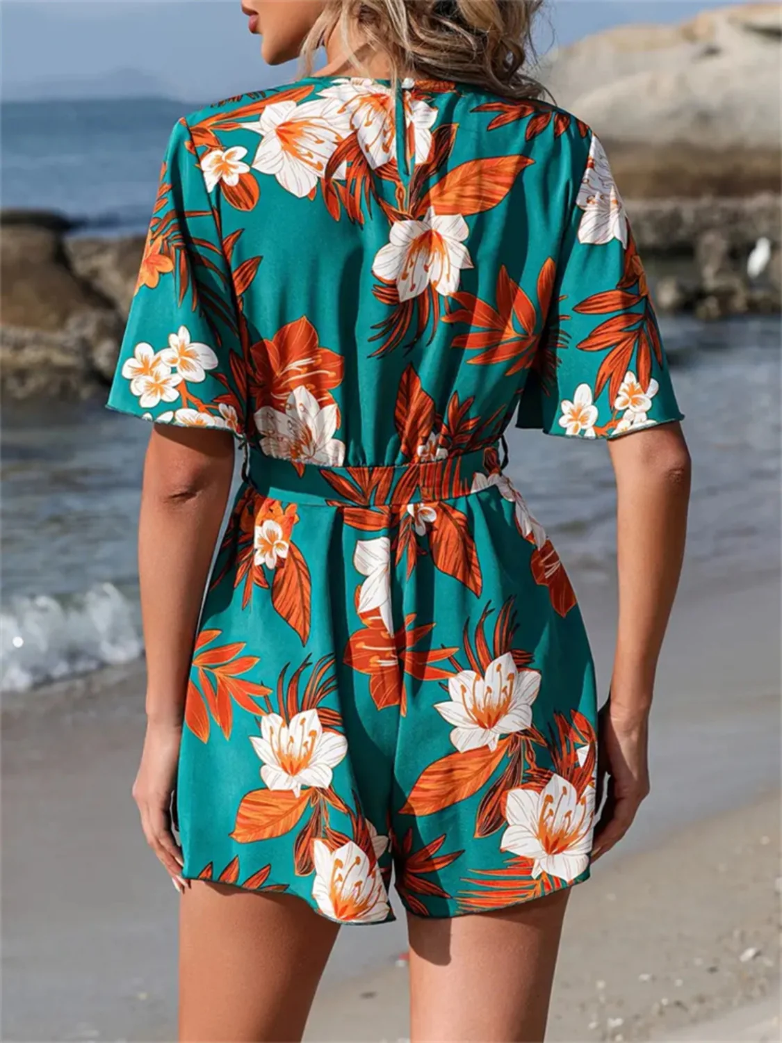 Printed Surplice Half Sleeve Tie Waist Romper - Image 8