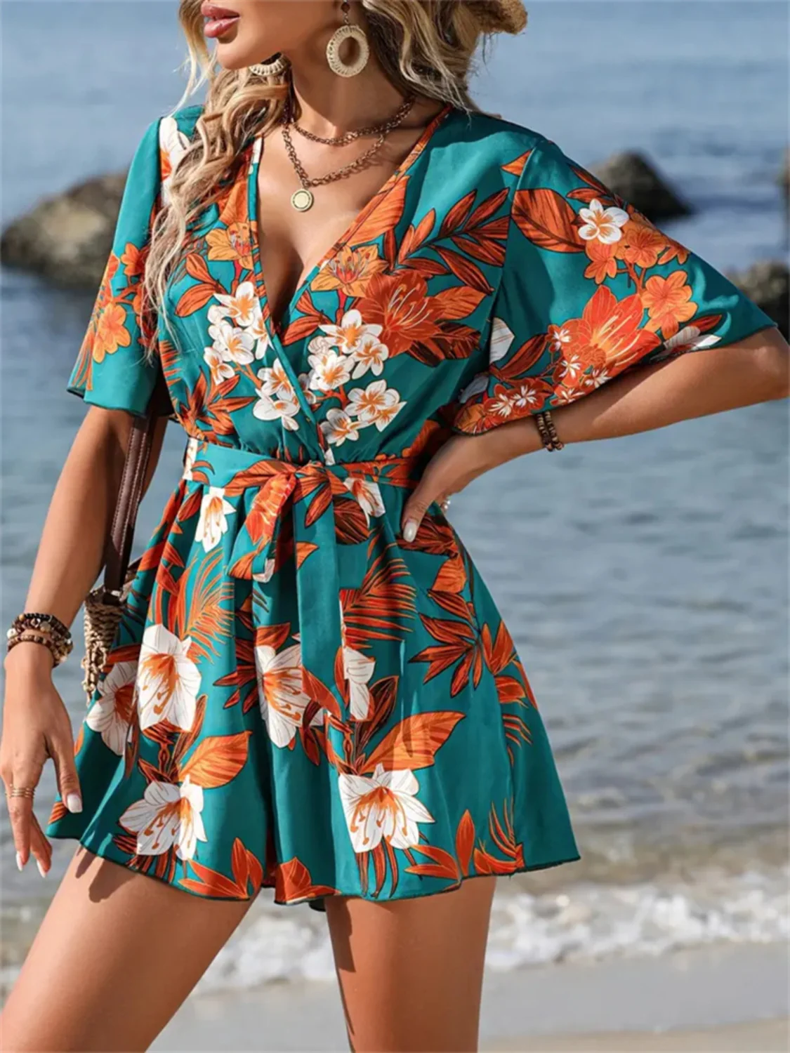 Printed Surplice Half Sleeve Tie Waist Romper - Image 9