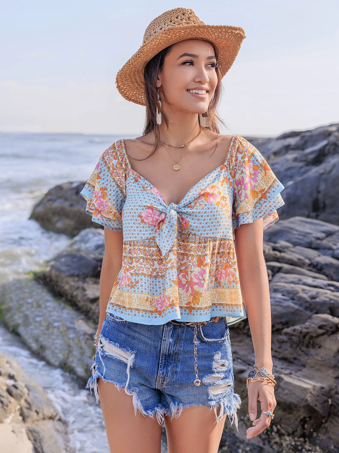Printed Sweetheart Neck Layered Short Sleeve Blouse - Image 4