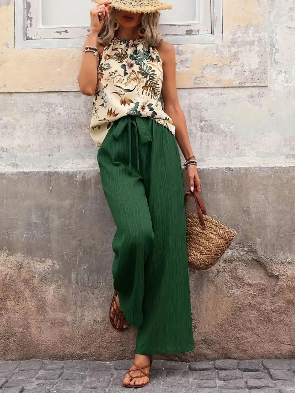 Printed Tank Top and Wide Leg Pants Set - Image 3