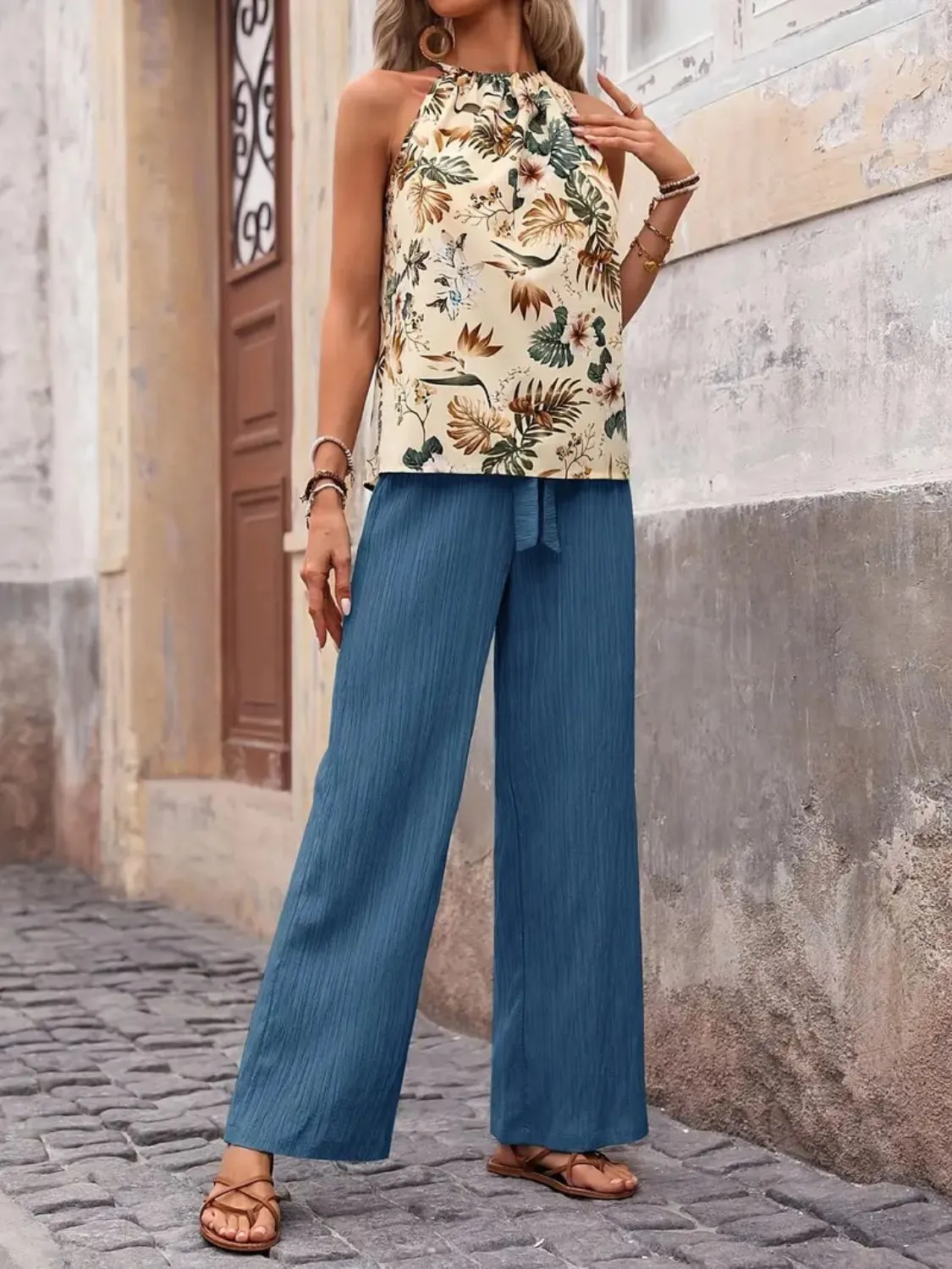 Printed Tank Top and Wide Leg Pants Set - Image 9