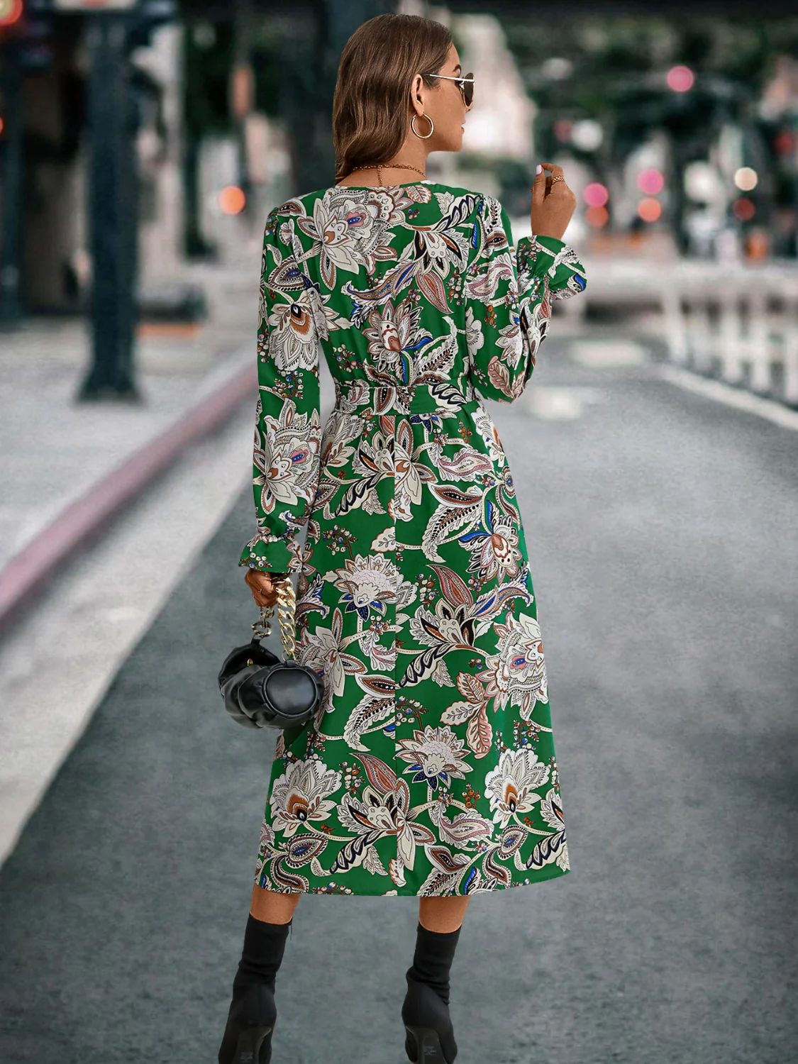 Printed Tie Front Surplice Flounce Sleeve Dress - Image 6
