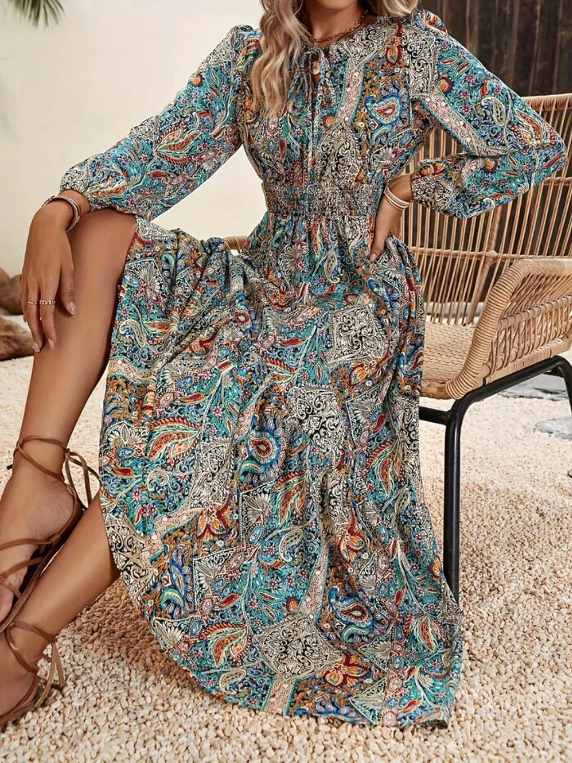 Printed Tie Neck Long Sleeve Maxi Dress - Image 3