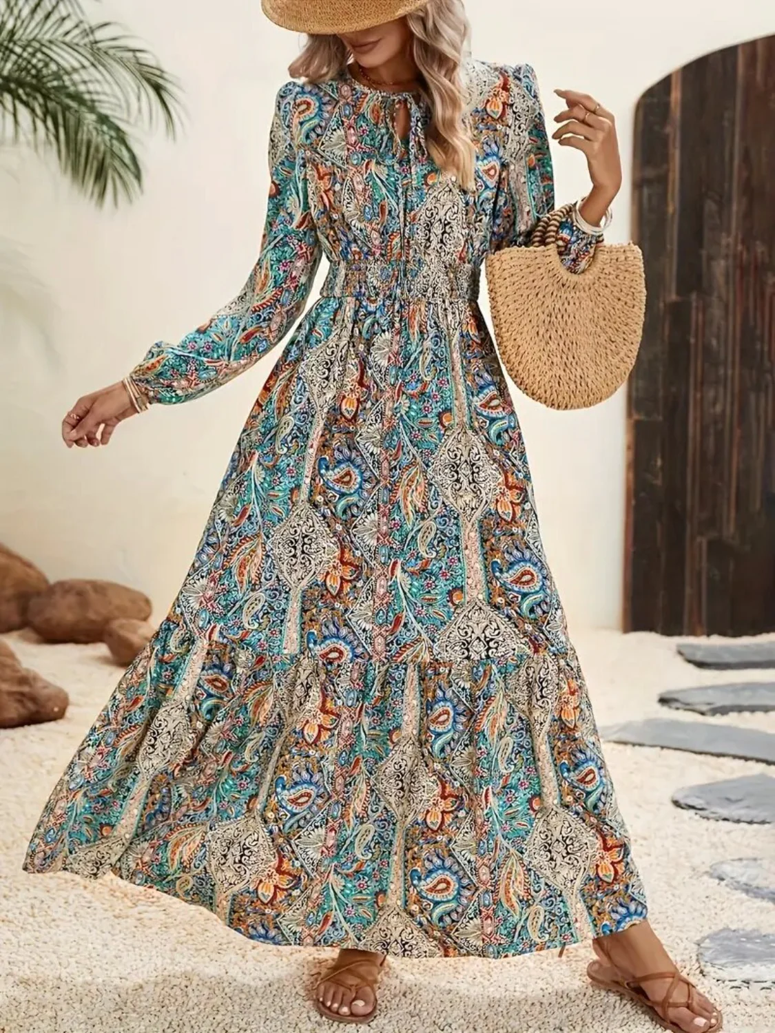 Printed Tie Neck Long Sleeve Maxi Dress - Image 4