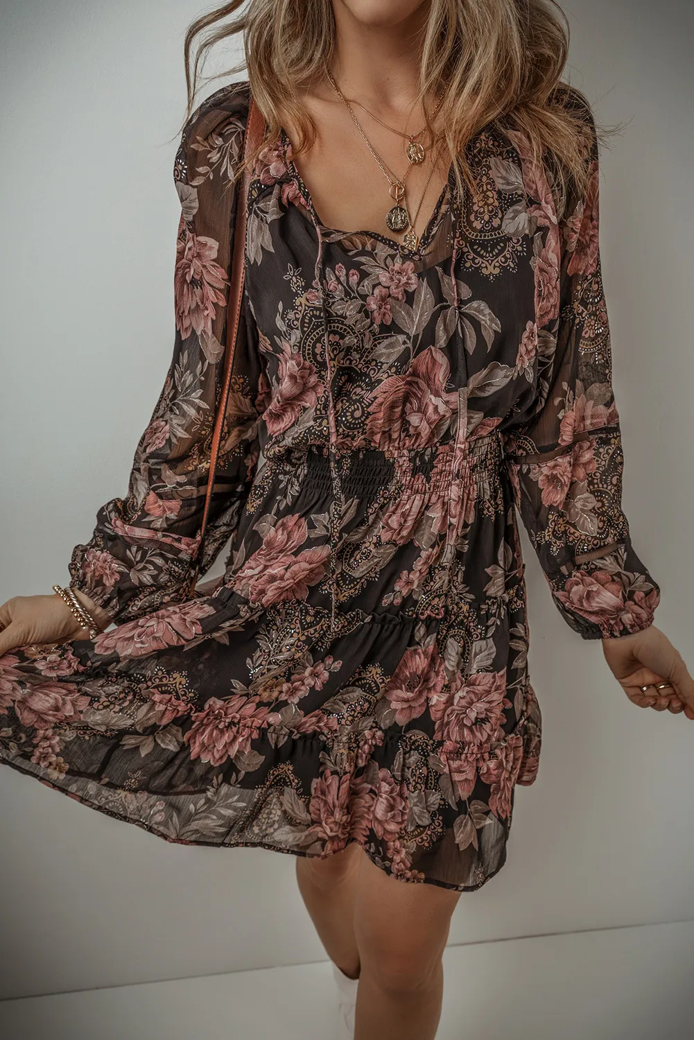Printed Tie Neck Long Sleeve Mini Dress - Image 2