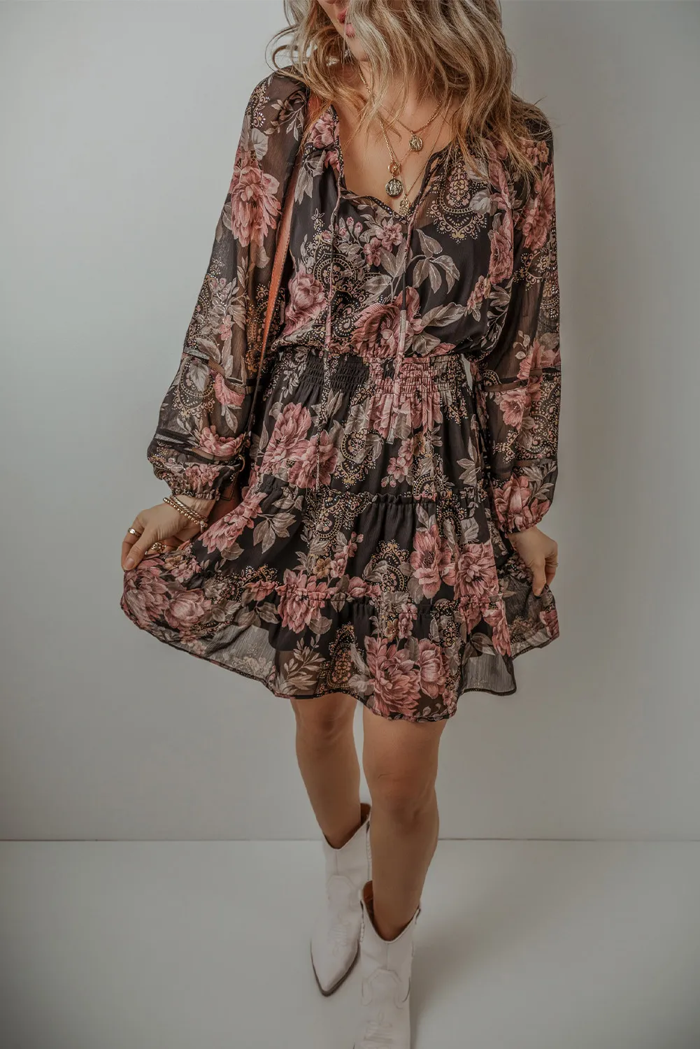 Printed Tie Neck Long Sleeve Mini Dress - Image 3