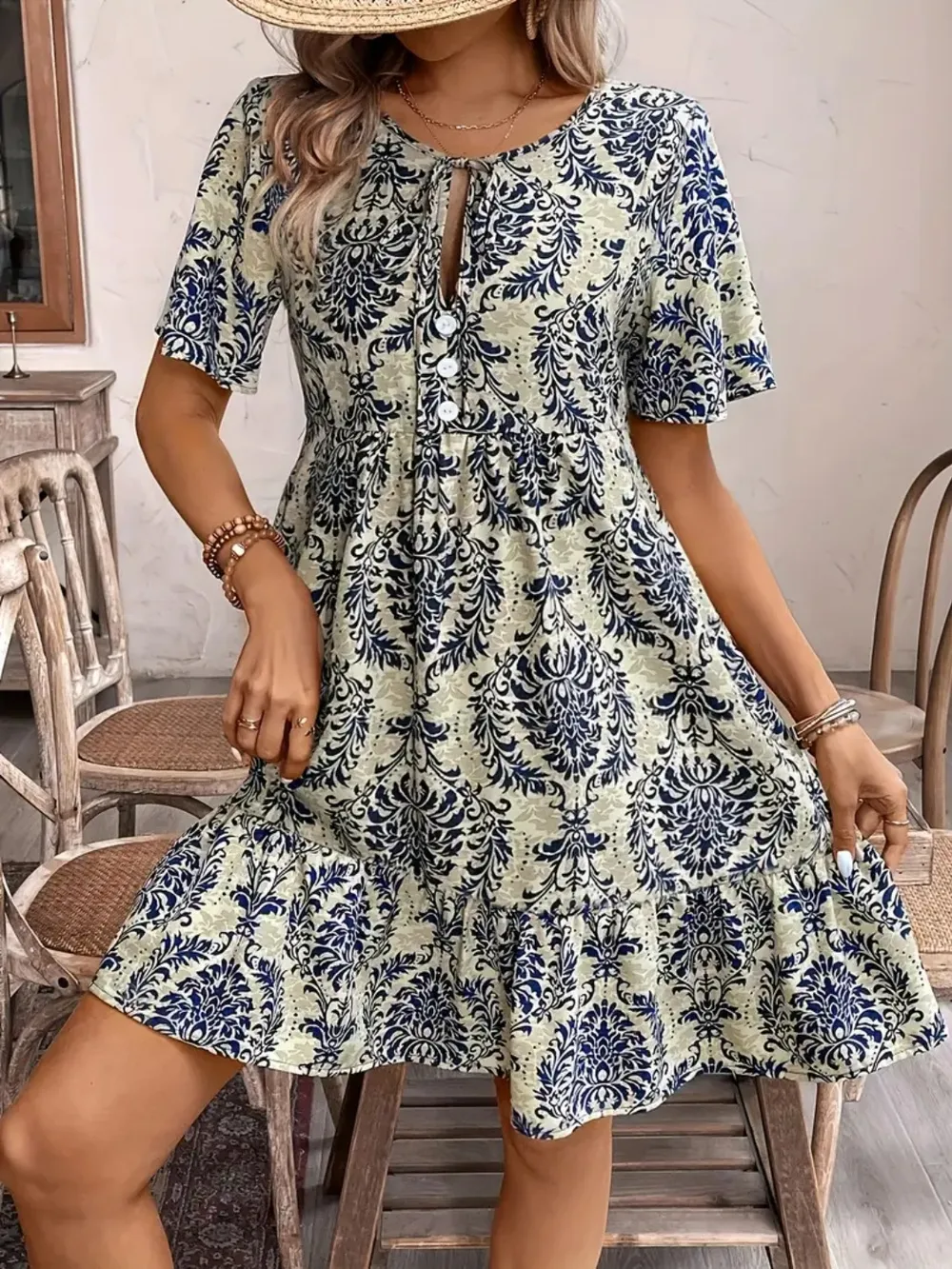 Printed Tie Neck Short Sleeve Dress - Image 11