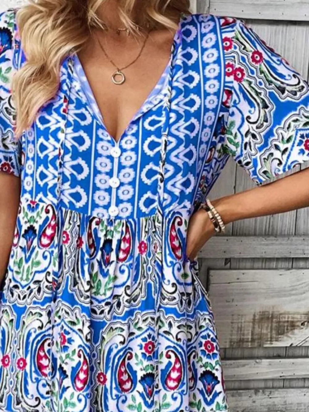 Printed Tie Neck Short Sleeve Dress - Image 15