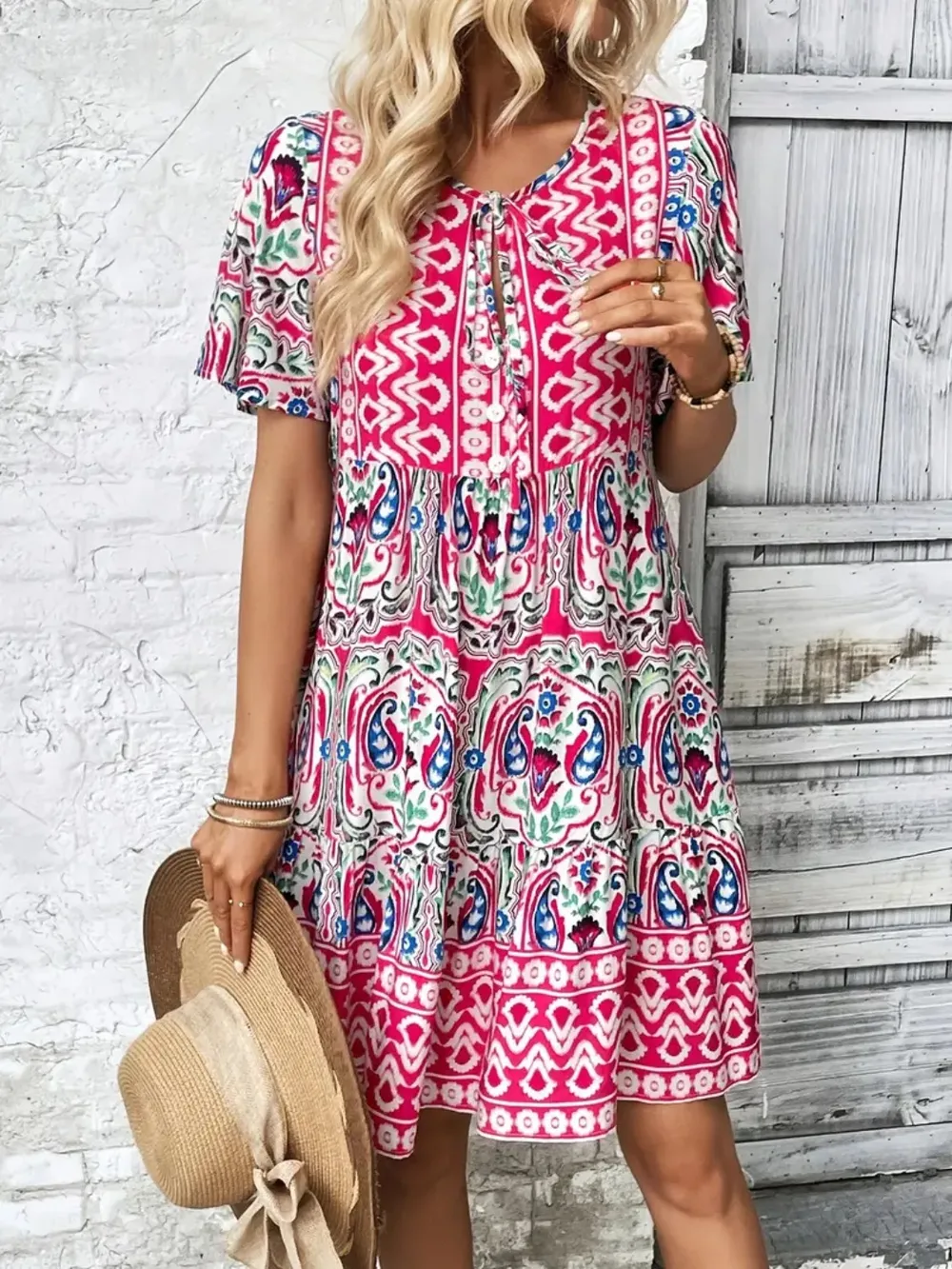 Printed Tie Neck Short Sleeve Dress - Image 3
