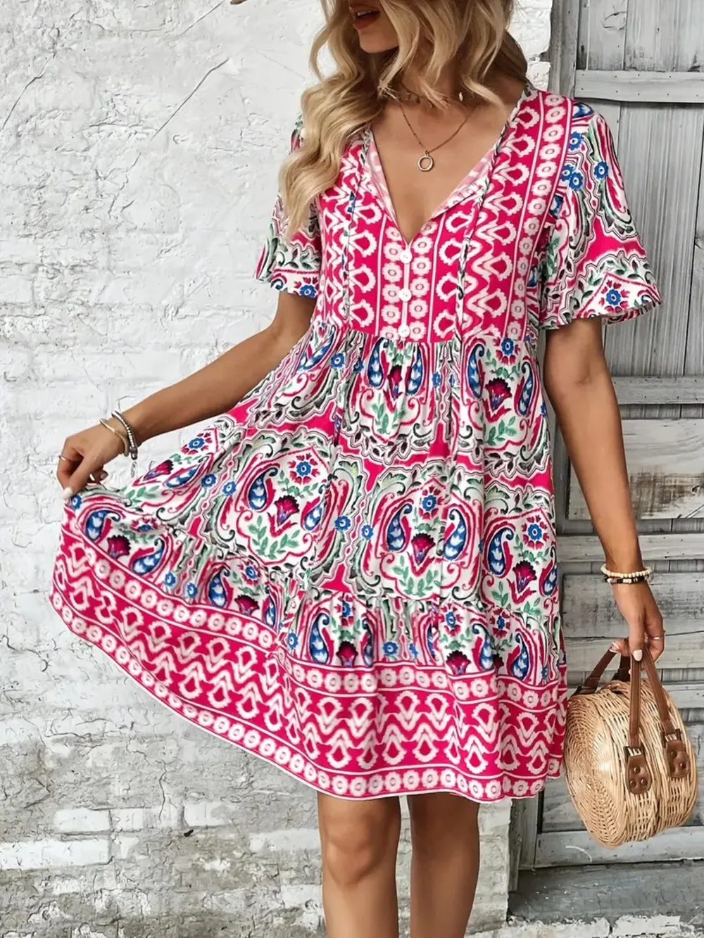 Printed Tie Neck Short Sleeve Dress - Image 5