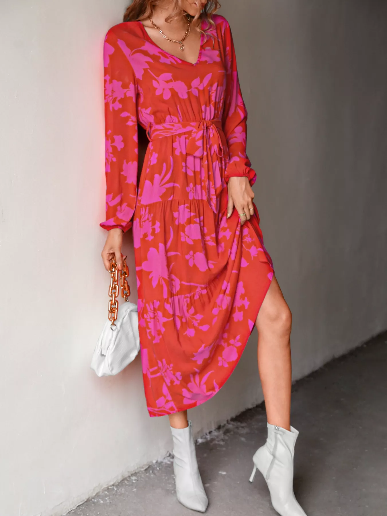 Printed V-Neck Balloon Sleeve Dress - Image 4
