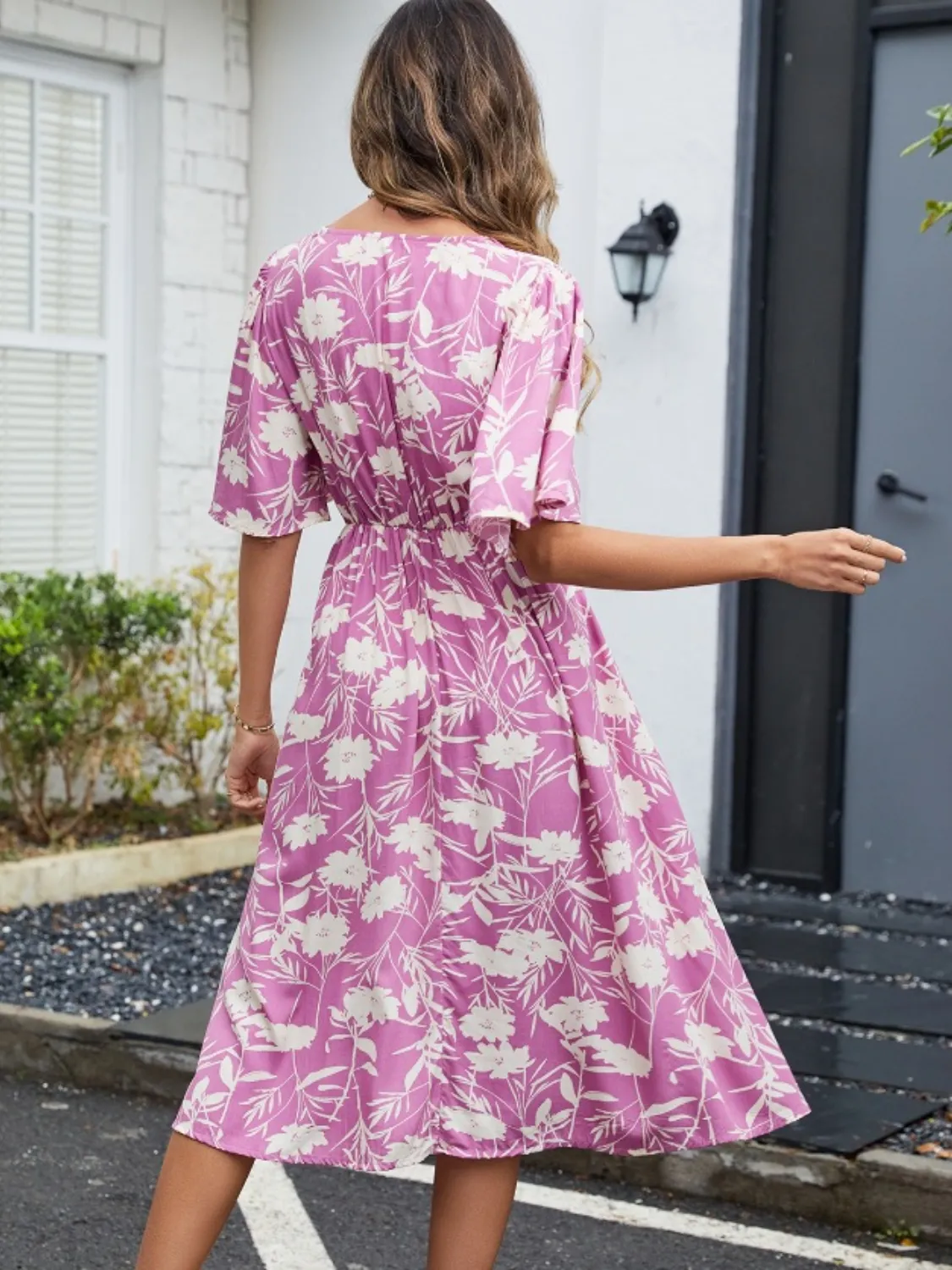 Printed V-Neck Flutter Sleeve Dress - Image 2