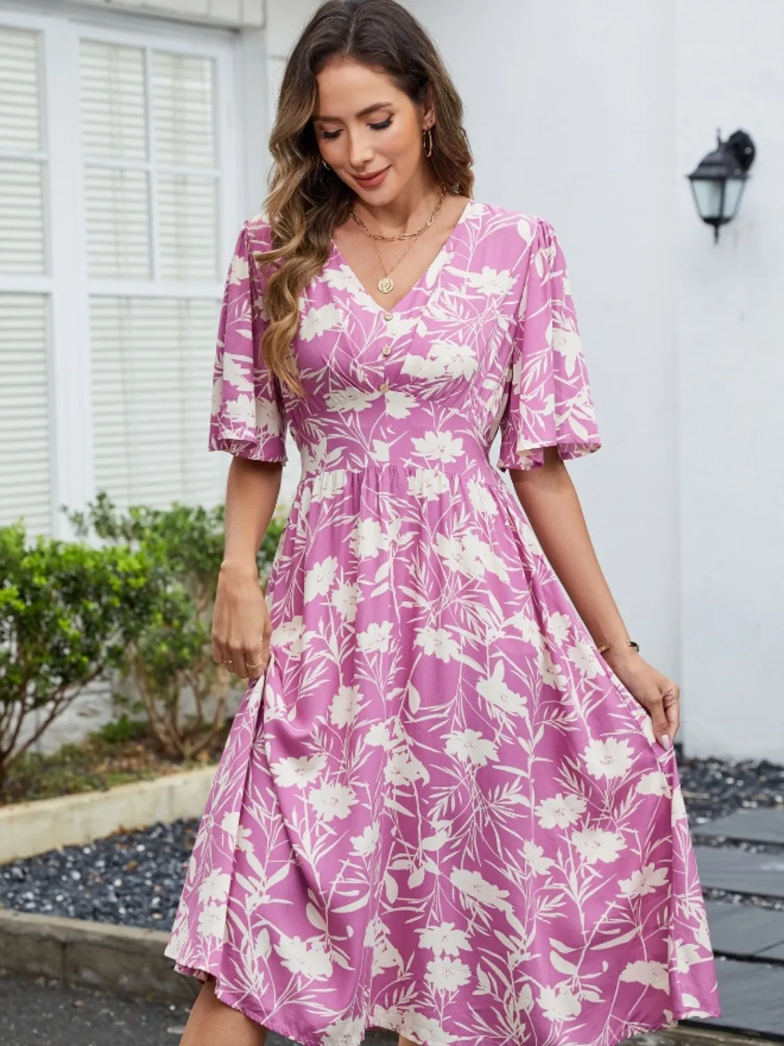 Printed V-Neck Flutter Sleeve Dress - Image 3
