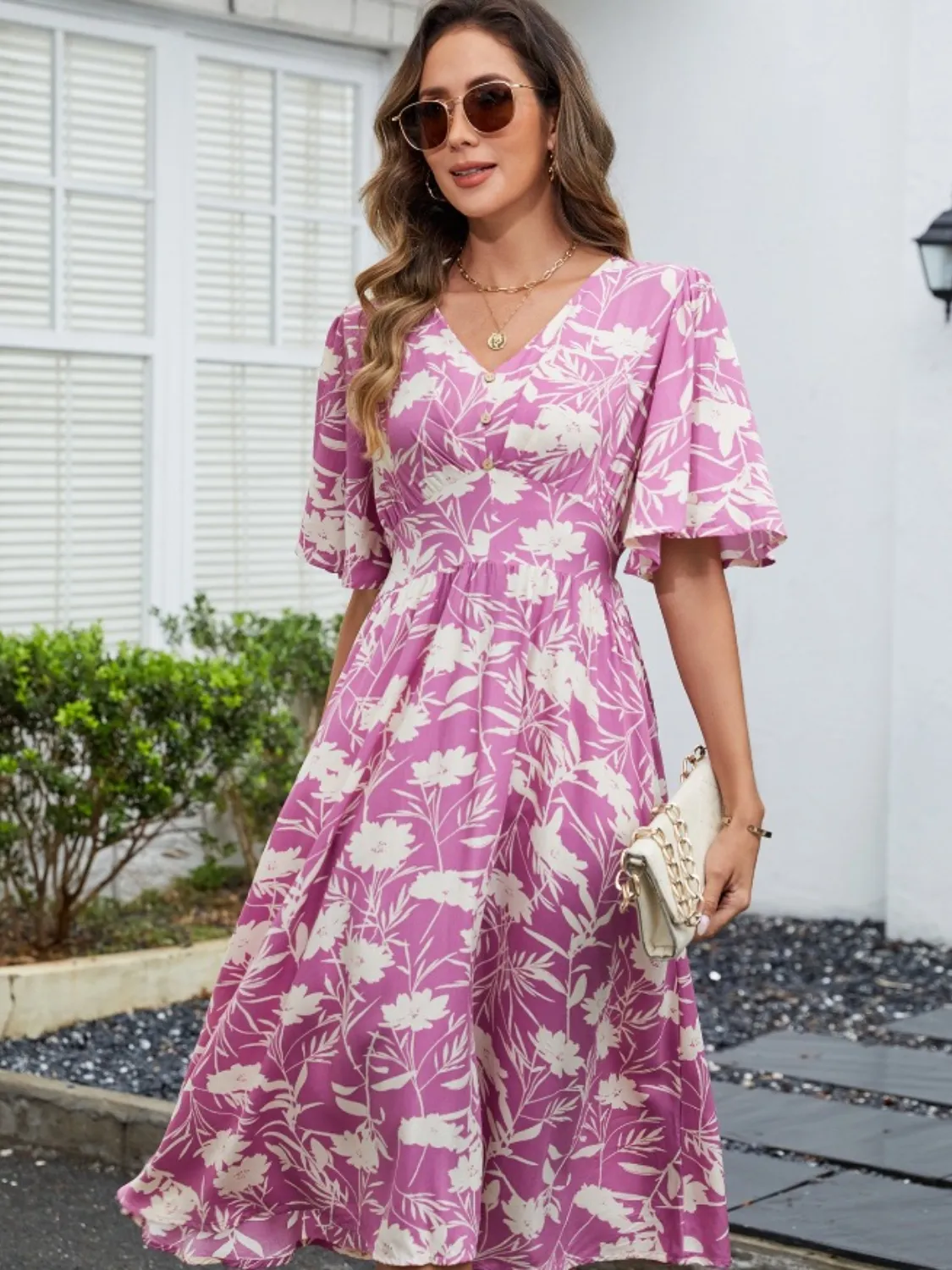 Printed V-Neck Flutter Sleeve Dress - Image 4