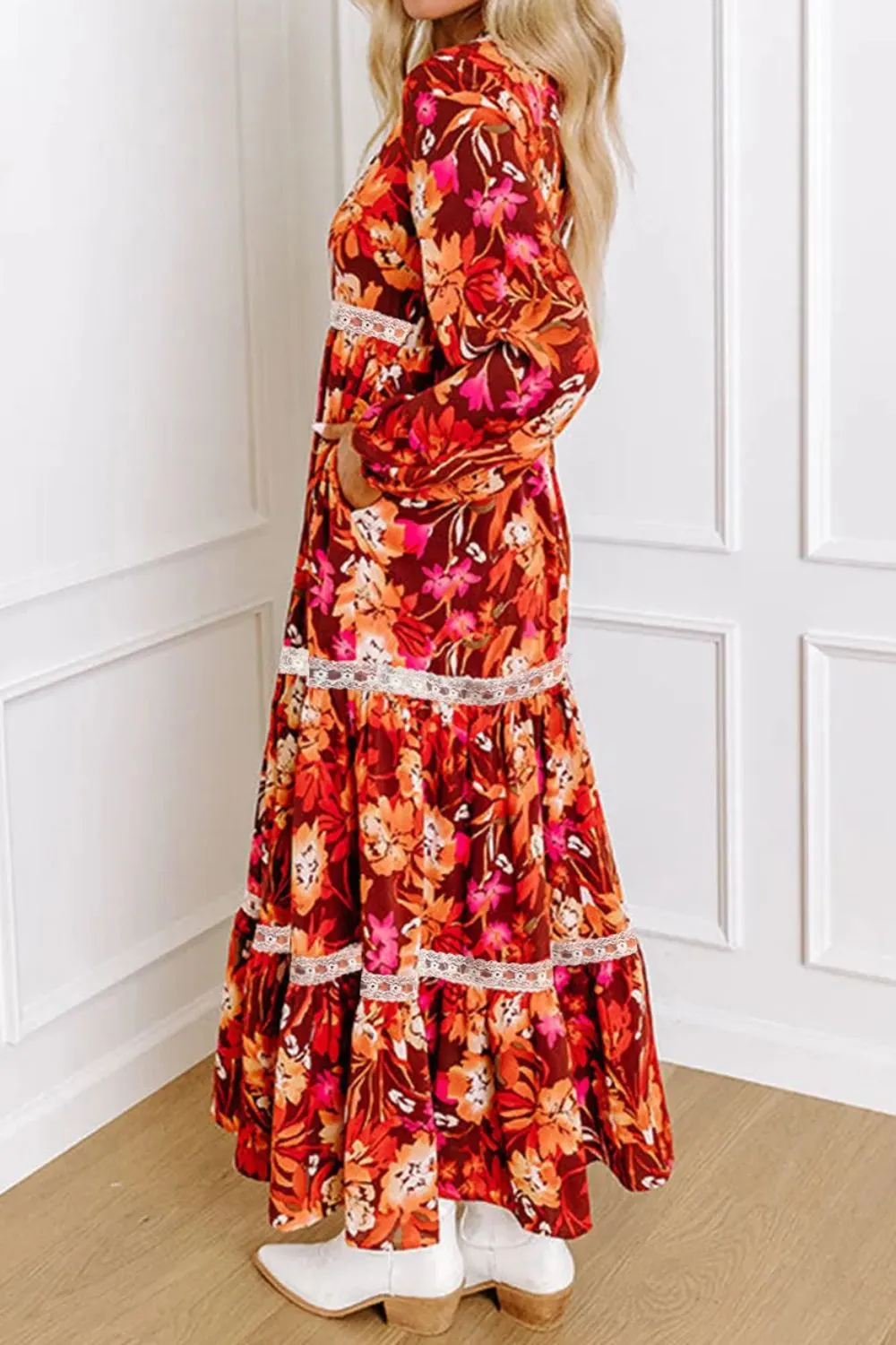 Printed V-Neck Long Sleeve Midi Dress - Image 2