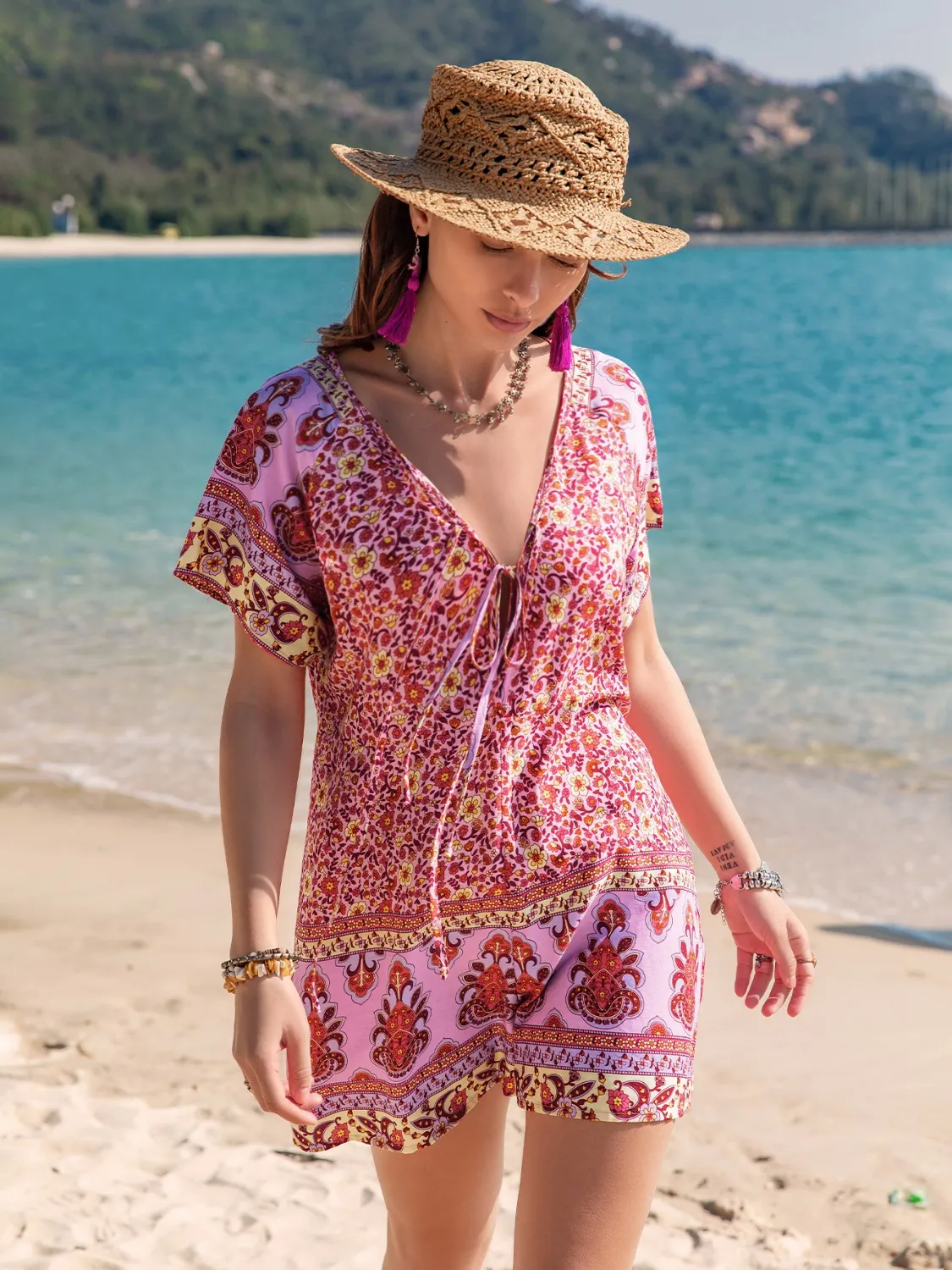 Printed V-Neck Short Sleeve Romper - Image 2