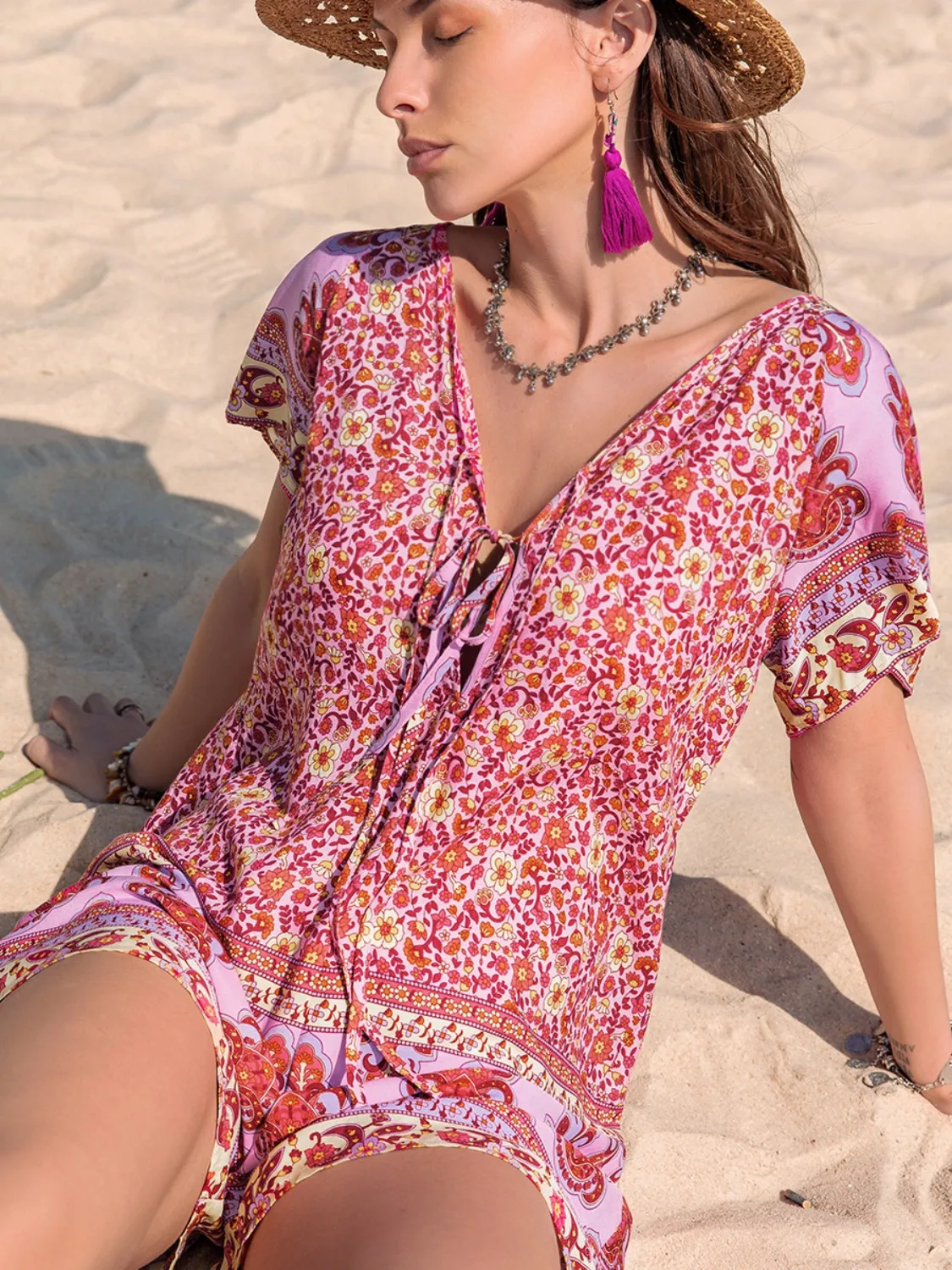 Printed V-Neck Short Sleeve Romper - Image 3