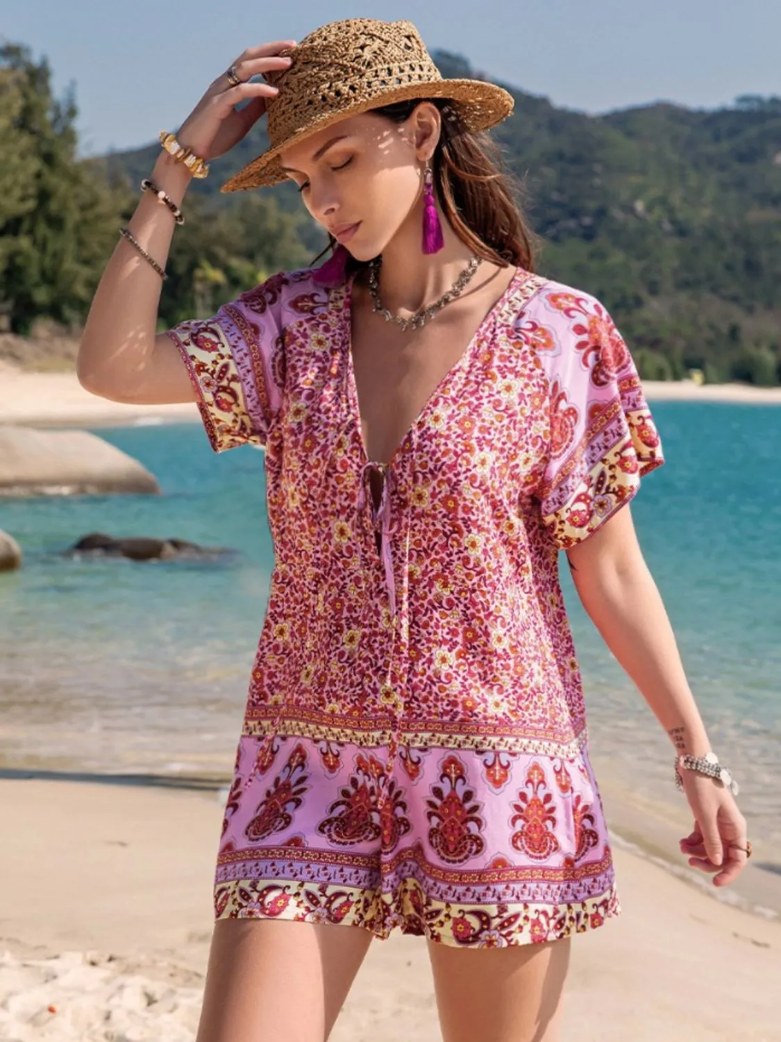 Printed V-Neck Short Sleeve Romper - Image 7