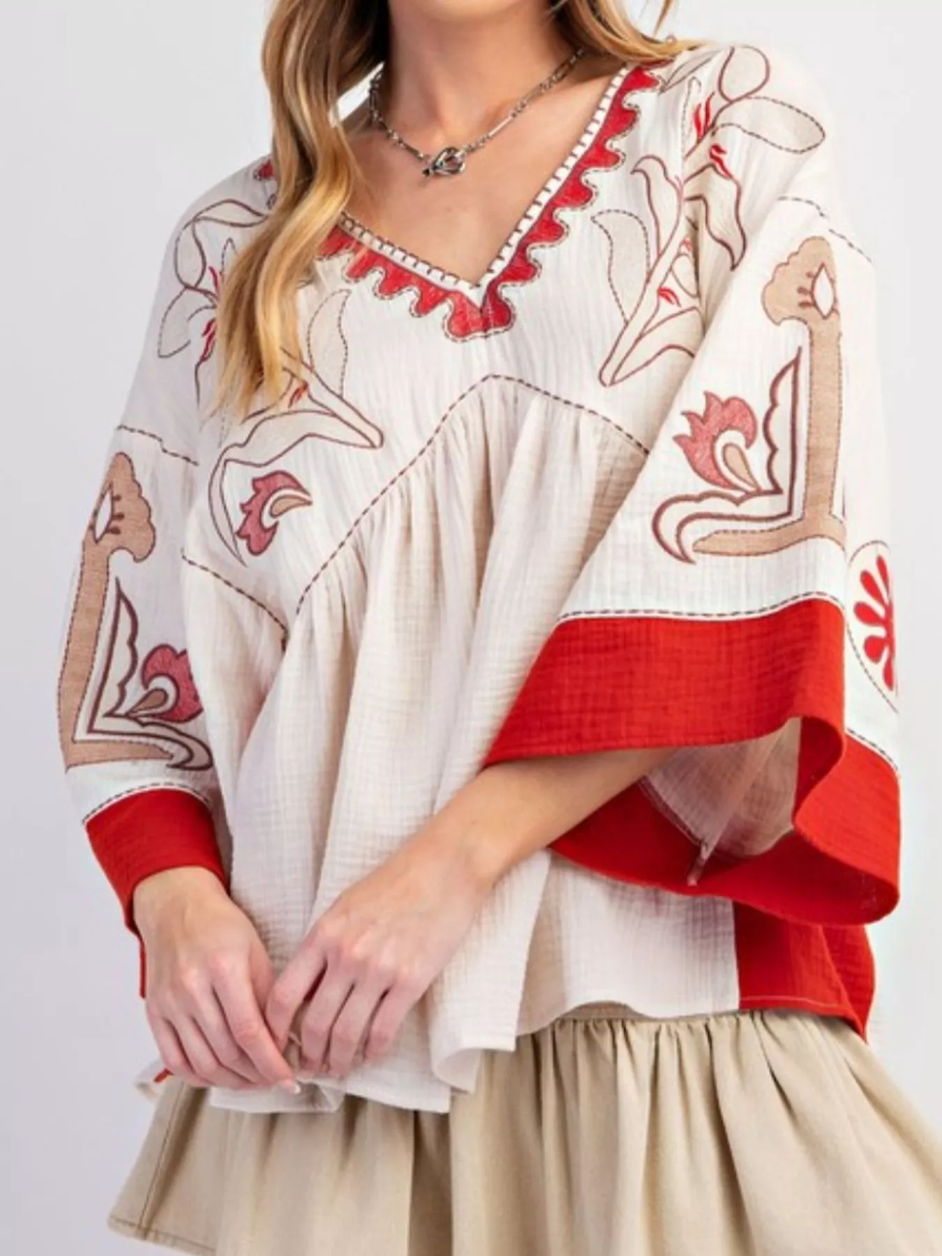 Printed V-Neck Top with Contrast Trim Details