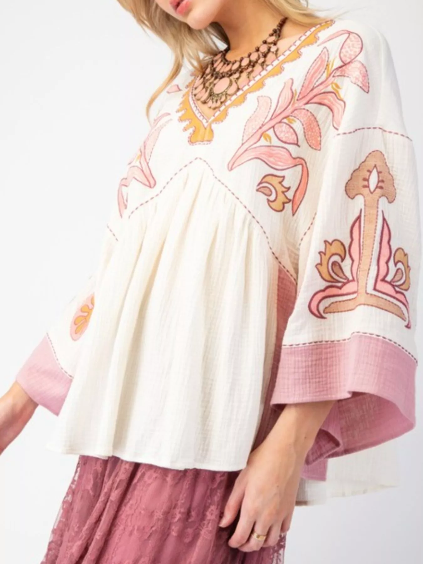 Printed V-Neck Top with Contrast Trim Details - Image 15