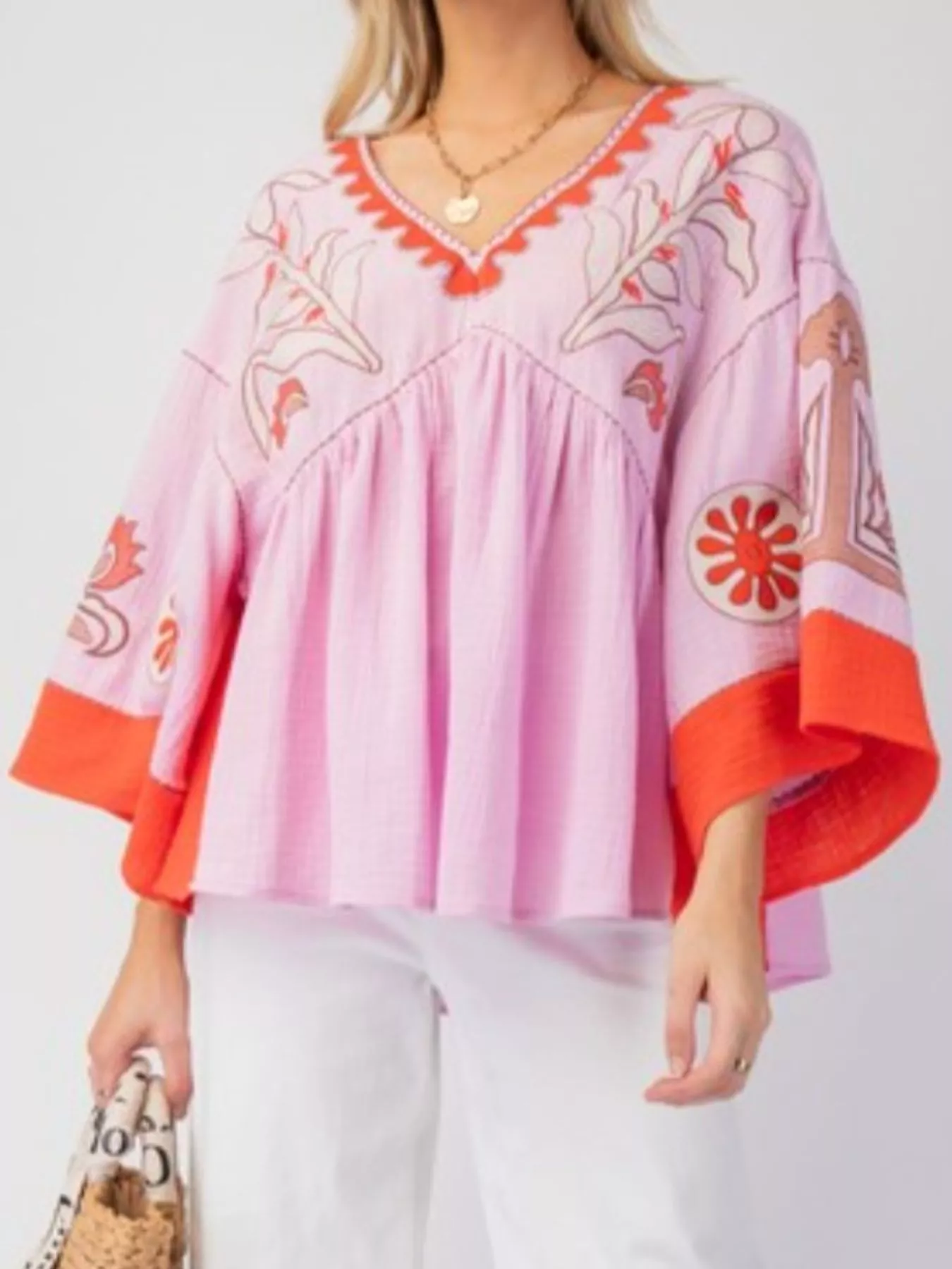 Printed V-Neck Top with Contrast Trim Details - Image 24