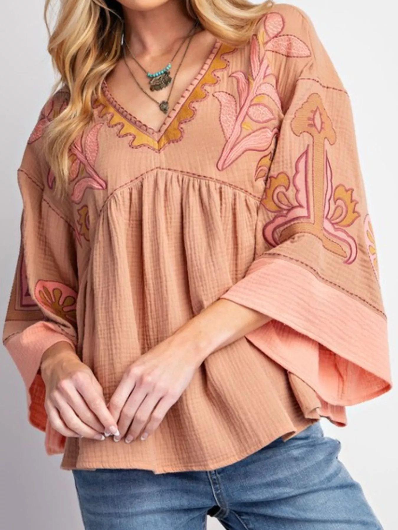 Printed V-Neck Top with Contrast Trim Details - Image 7