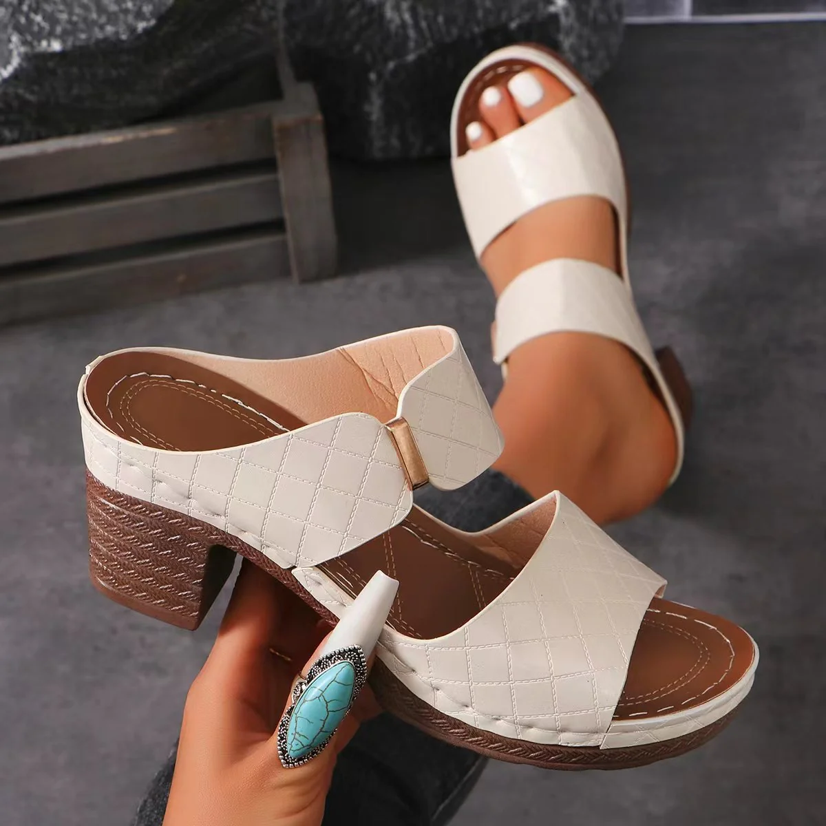 PU Leather Block Heel Sandals - Image 5